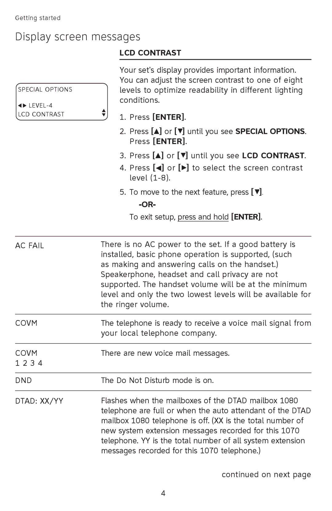 AT&T ATT1070 user manual Display screen messages, LCD contrast 