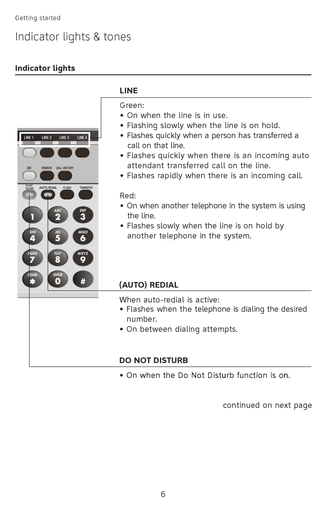 AT&T ATT1070 user manual Indicator lights & tones, Line, On when the Do Not Disturb function is on 