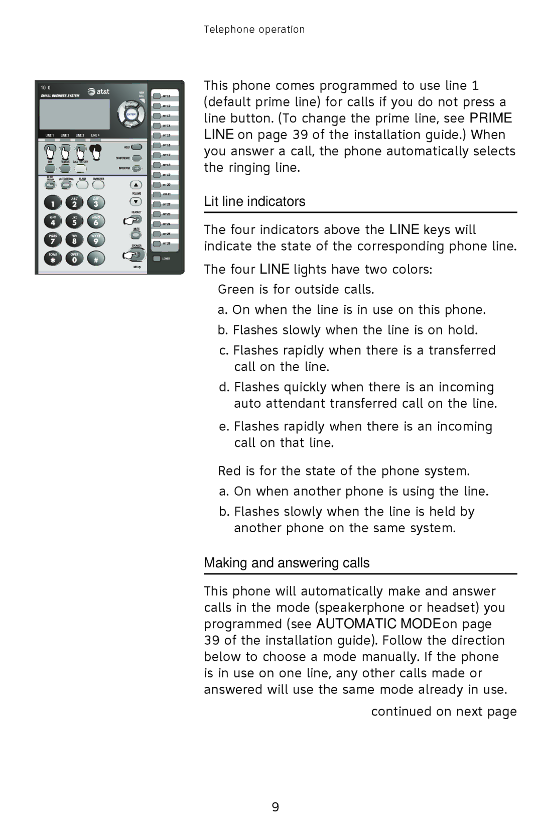 AT&T ATT1070 user manual Basic phone operation, Lit line indicators, Making and answering calls 