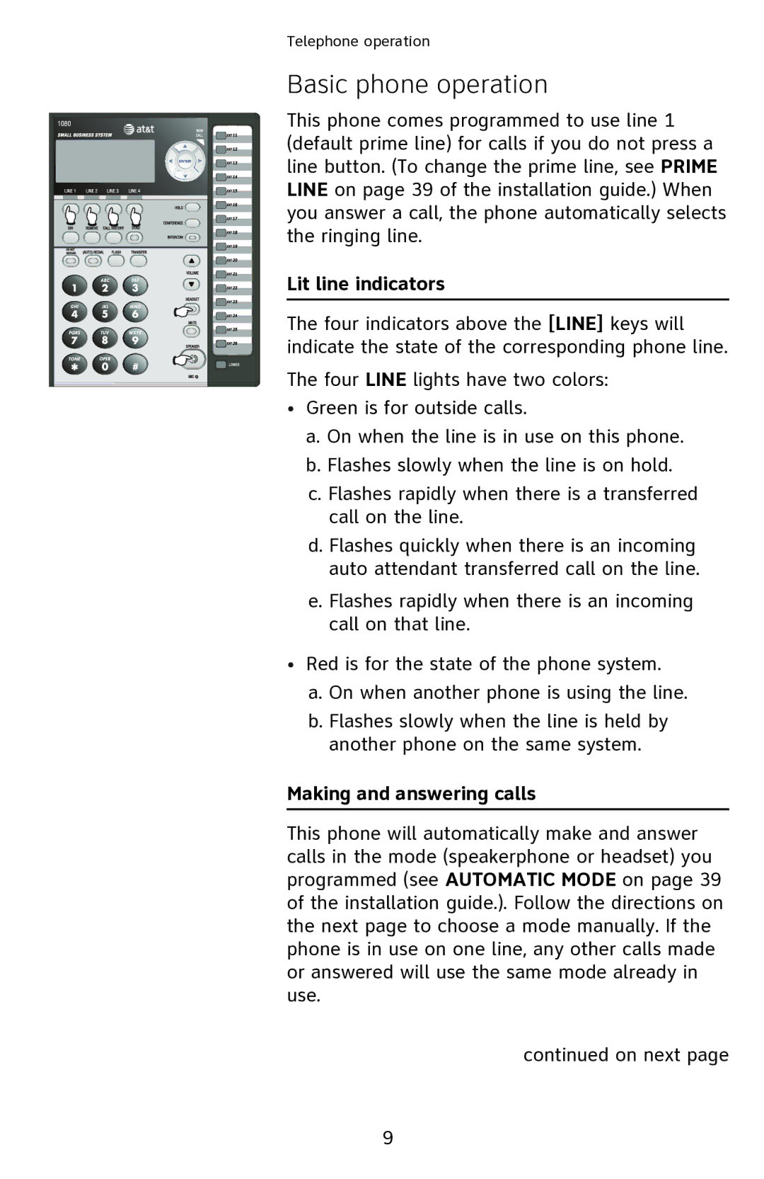 AT&T ATT1080 user manual Basic phone operation, Lit line indicators, Making and answering calls 