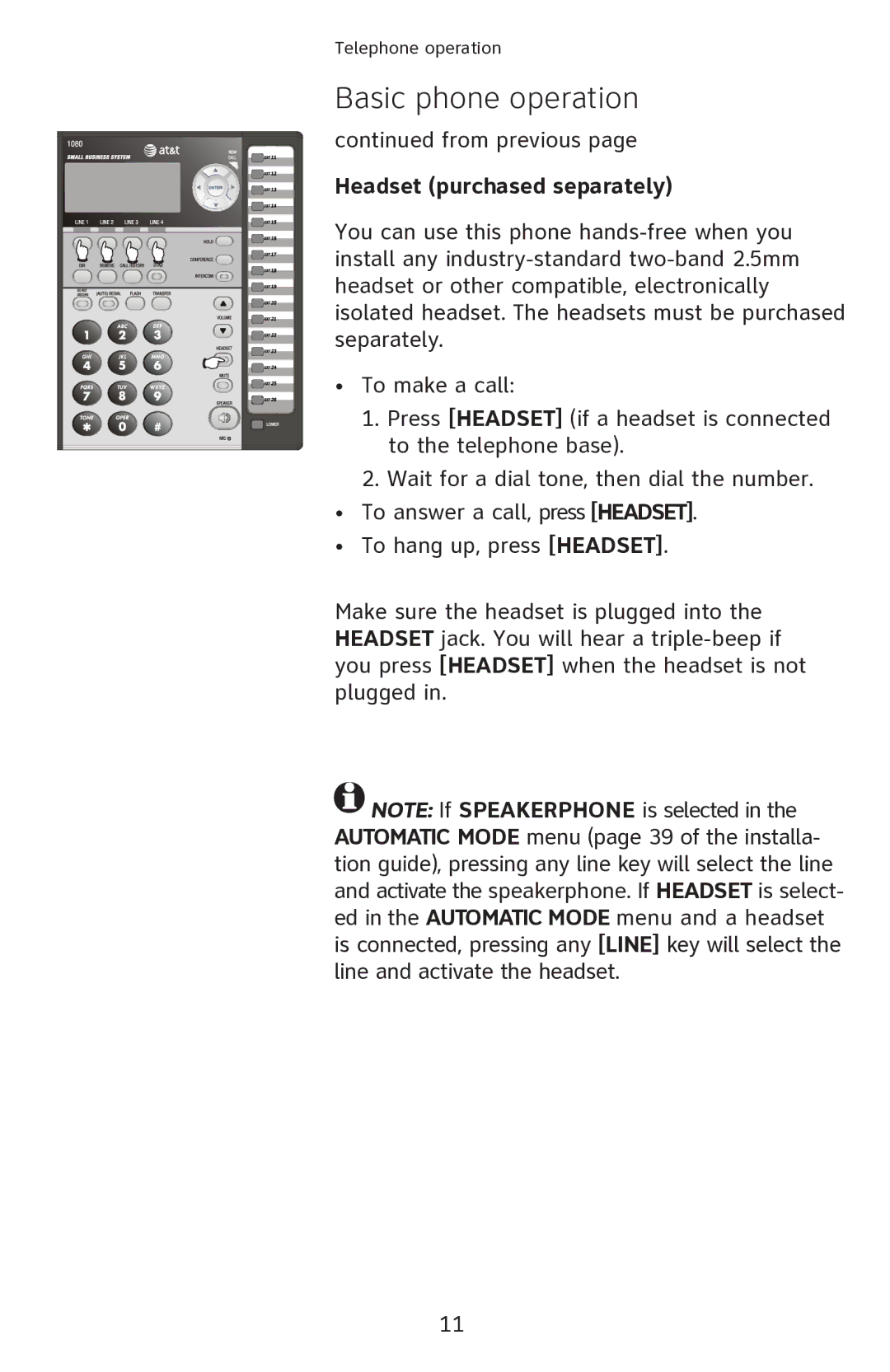 AT&T ATT1080 user manual Headset purchased separately 