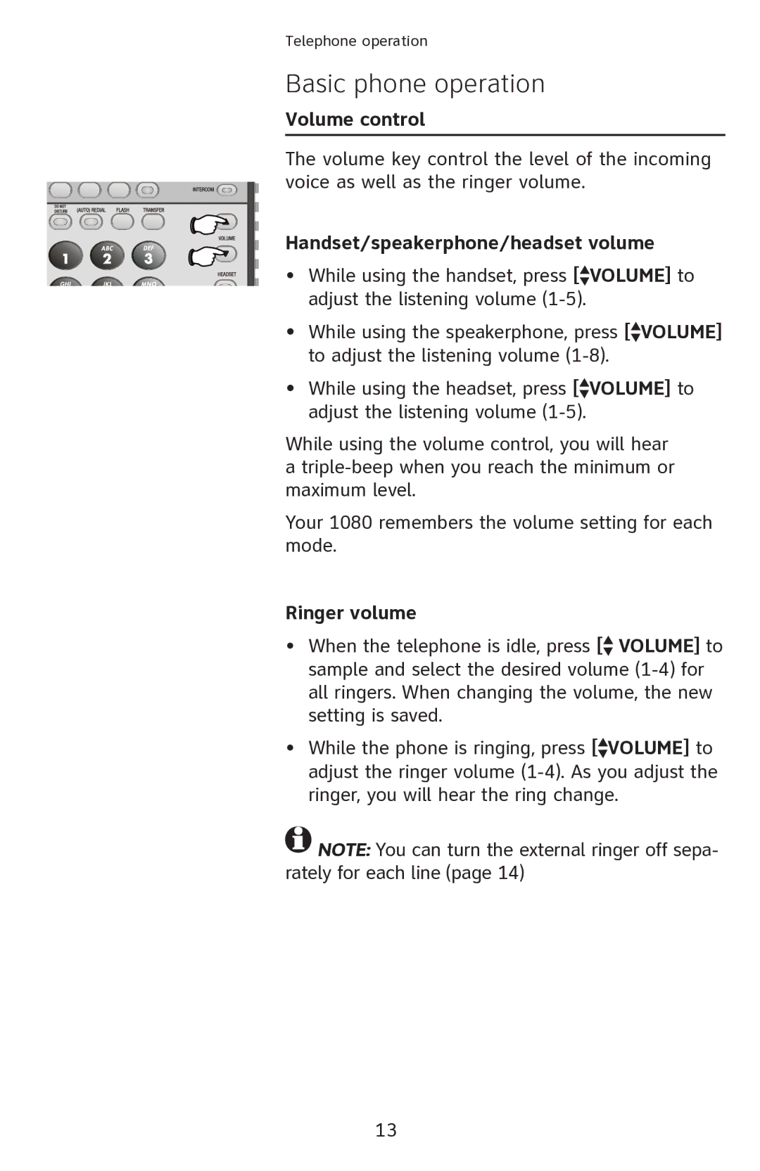 AT&T ATT1080 user manual Volume control, Handset/speakerphone/headset volume, Ringer volume 