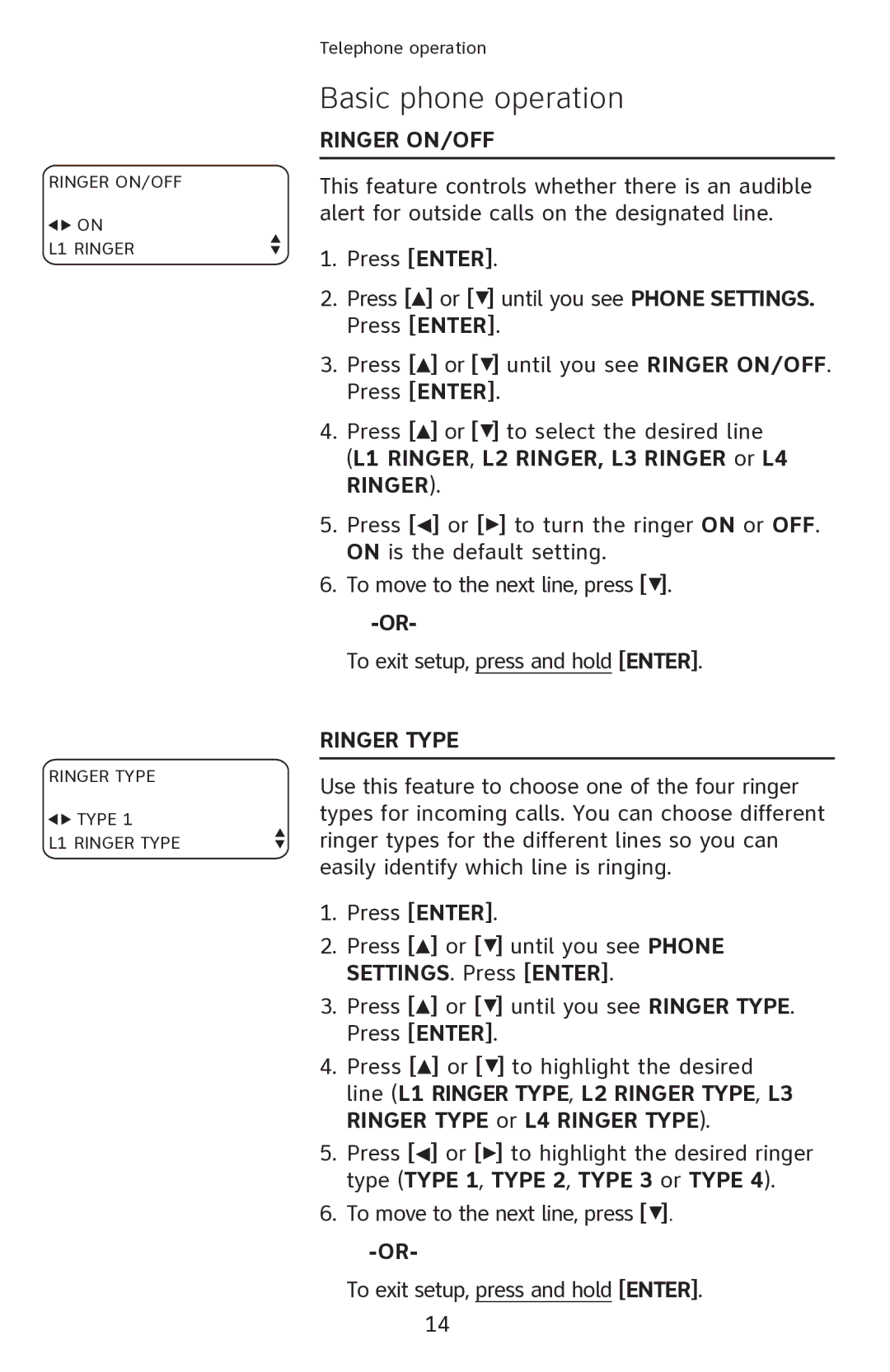 AT&T ATT1080 user manual Ringer on/off, L1 RINGER, L2 RINGER, L3 Ringer or L4 Ringer, Ringer type 