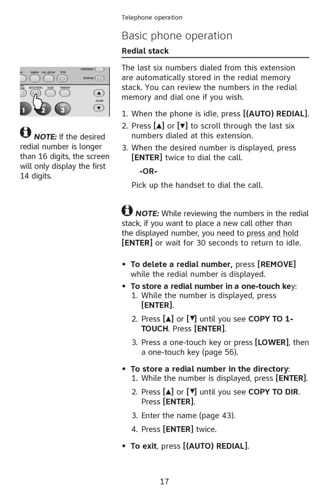 AT&T ATT1080 user manual Redial stack, To store a redial number in the directory 