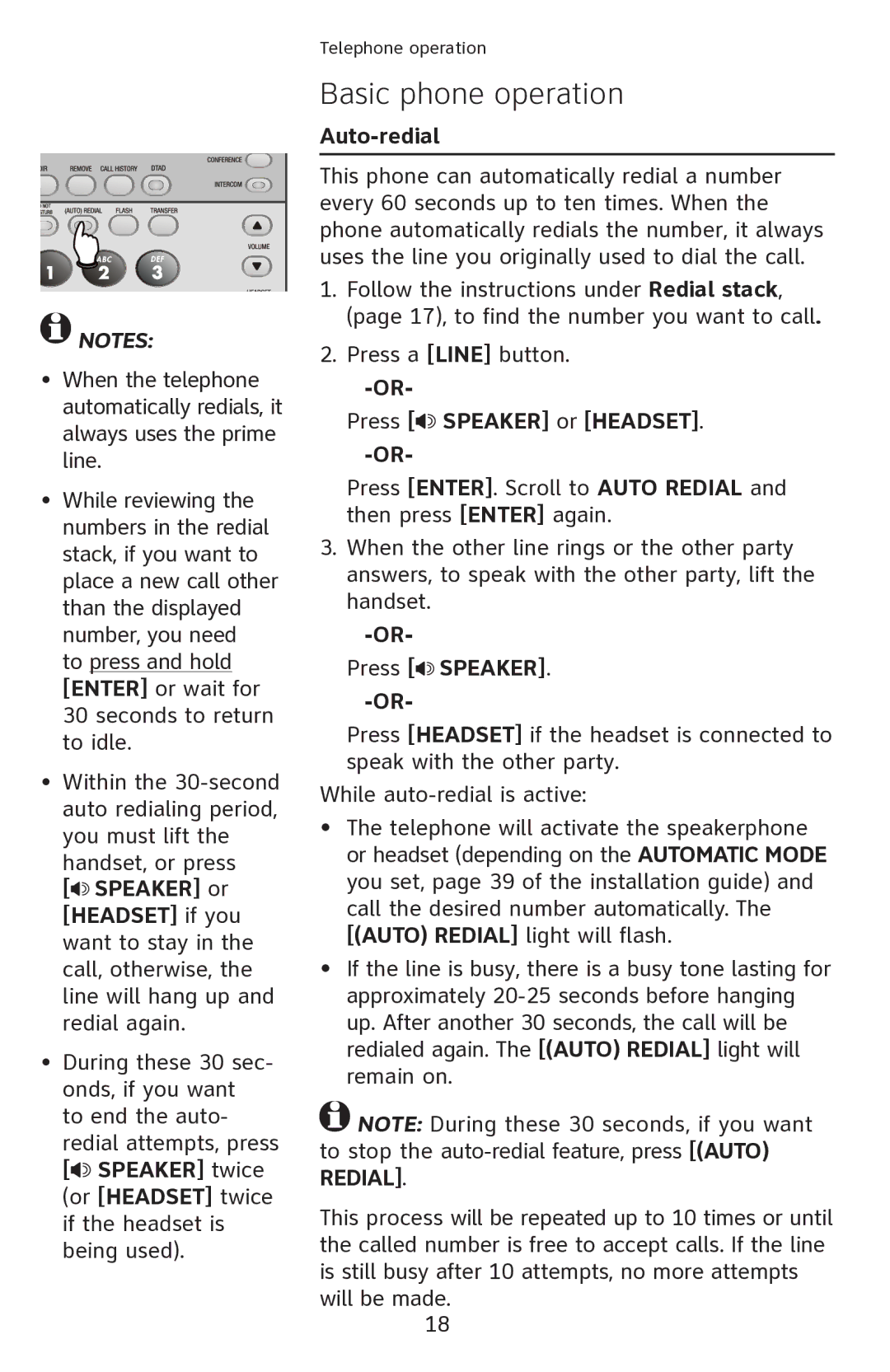 AT&T ATT1080 user manual Auto-redial, Press Speaker or Headset 