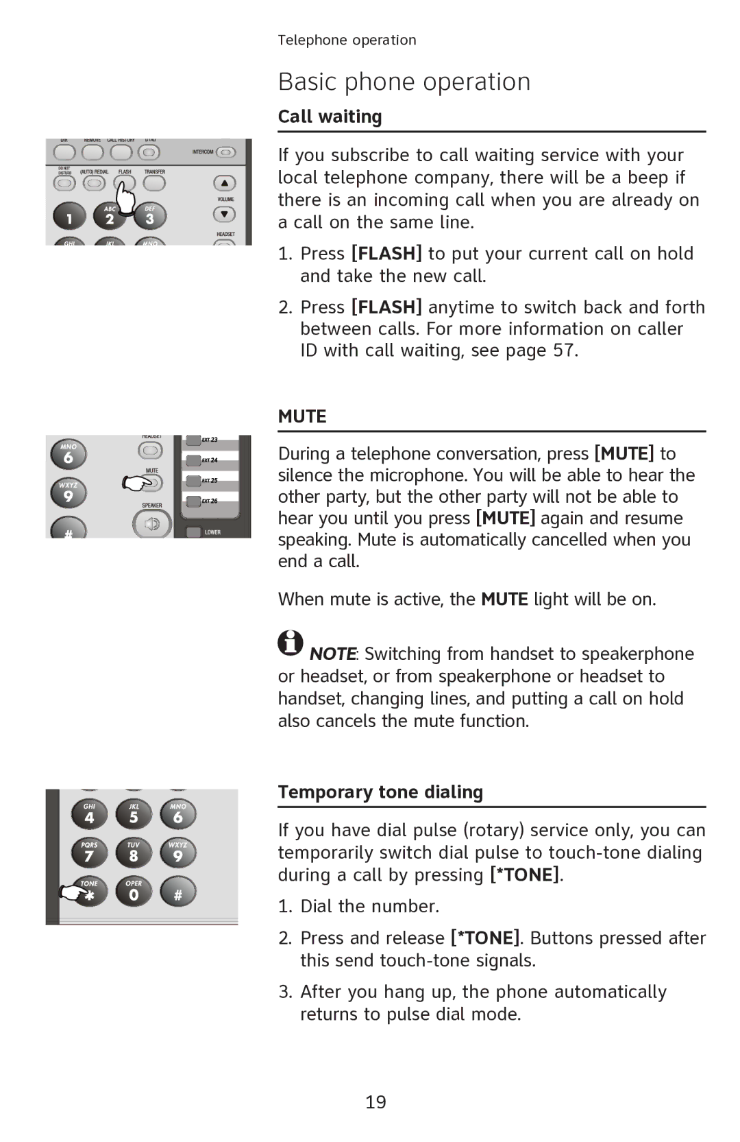 AT&T ATT1080 user manual Call waiting, Temporary tone dialing 