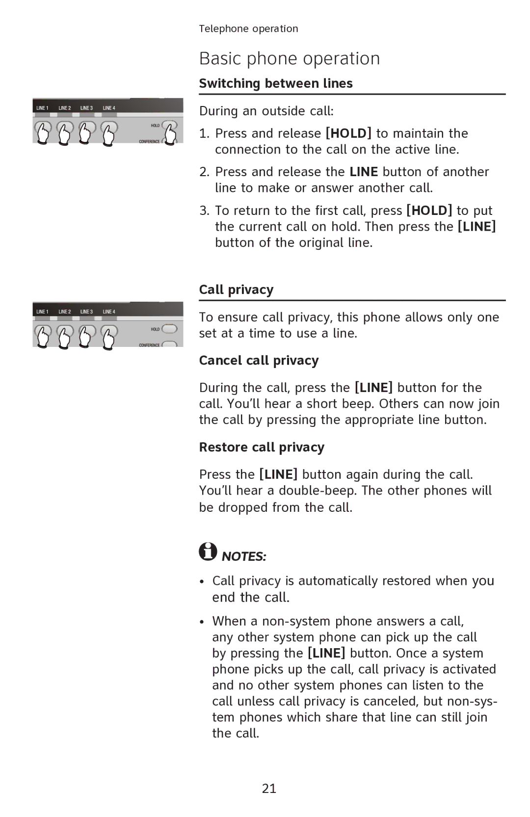 AT&T ATT1080 user manual Switching between lines, Call privacy, Cancel call privacy, Restore call privacy 