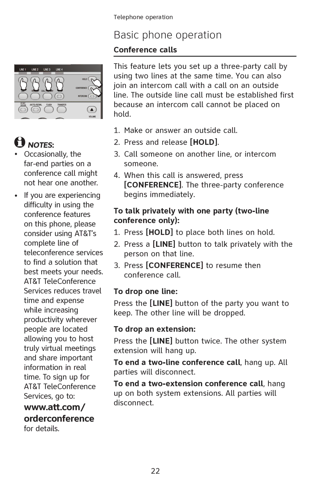 AT&T ATT1080 user manual Conference calls, To talk privately with one party two-line conference only, To drop one line 