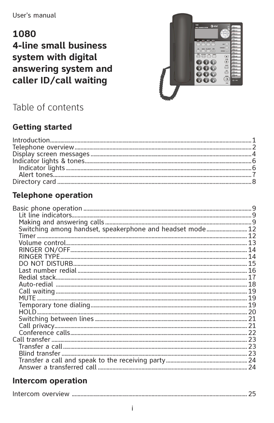 AT&T ATT1080 user manual Table of contents 