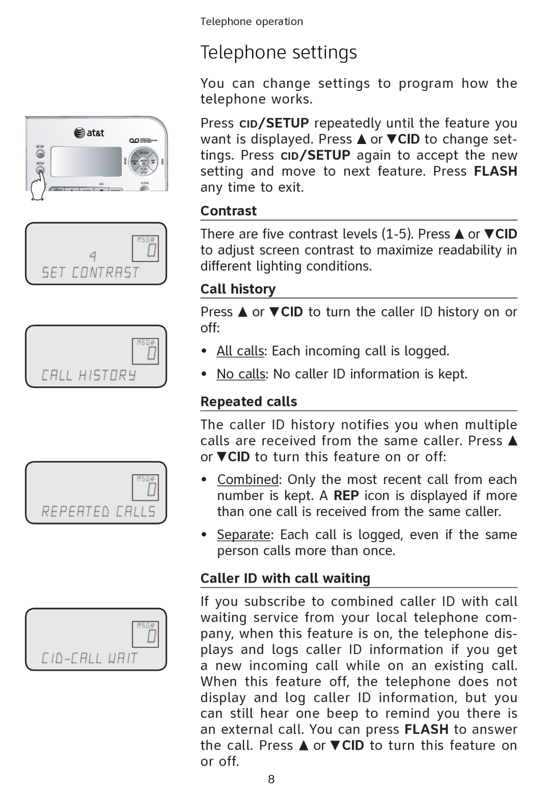 AT&T ATT1856 user manual Telephone settings, Contrast, Call history, Repeated calls, Caller ID with call waiting 