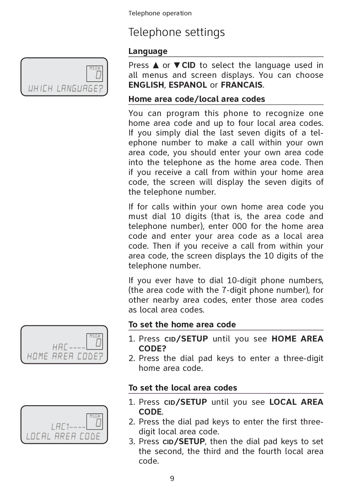 AT&T ATT1856 user manual Language, Home area code/local area codes, To set the home area code, To set the local area codes 