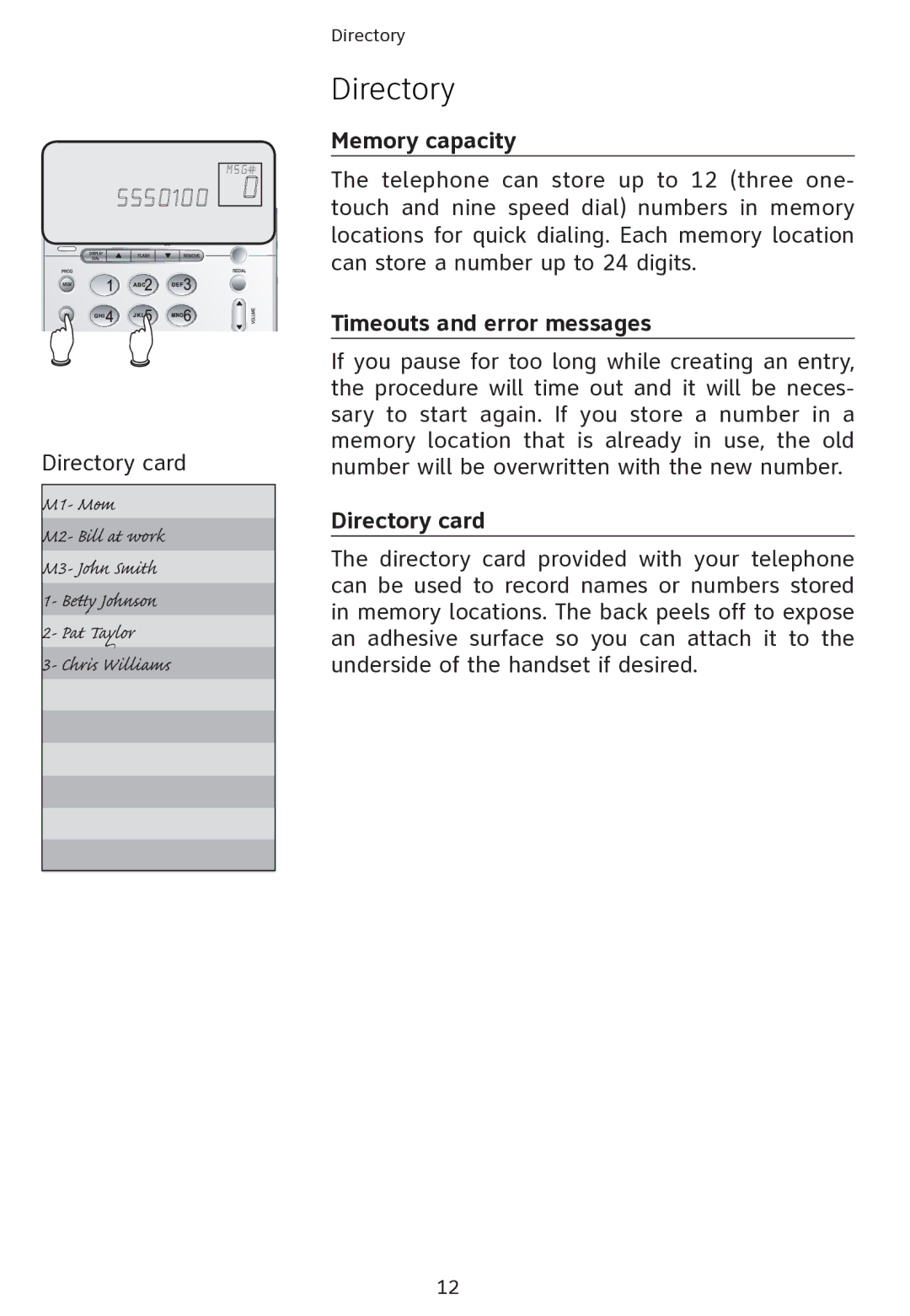 AT&T ATT1856 user manual Memory capacity, Timeouts and error messages, Directory card 