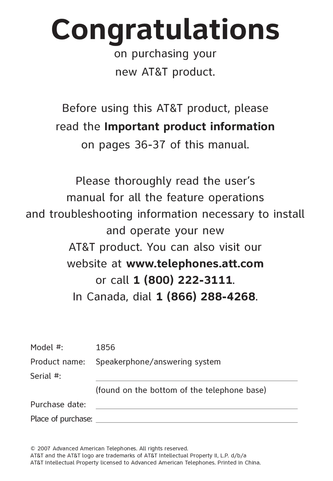 AT&T ATT1856 user manual Congratulations 