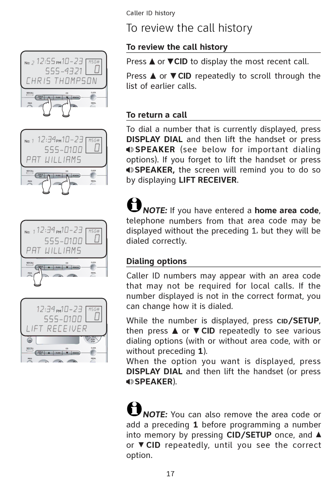 AT&T ATT1856 user manual To review the call history, To return a call, Dialing options 