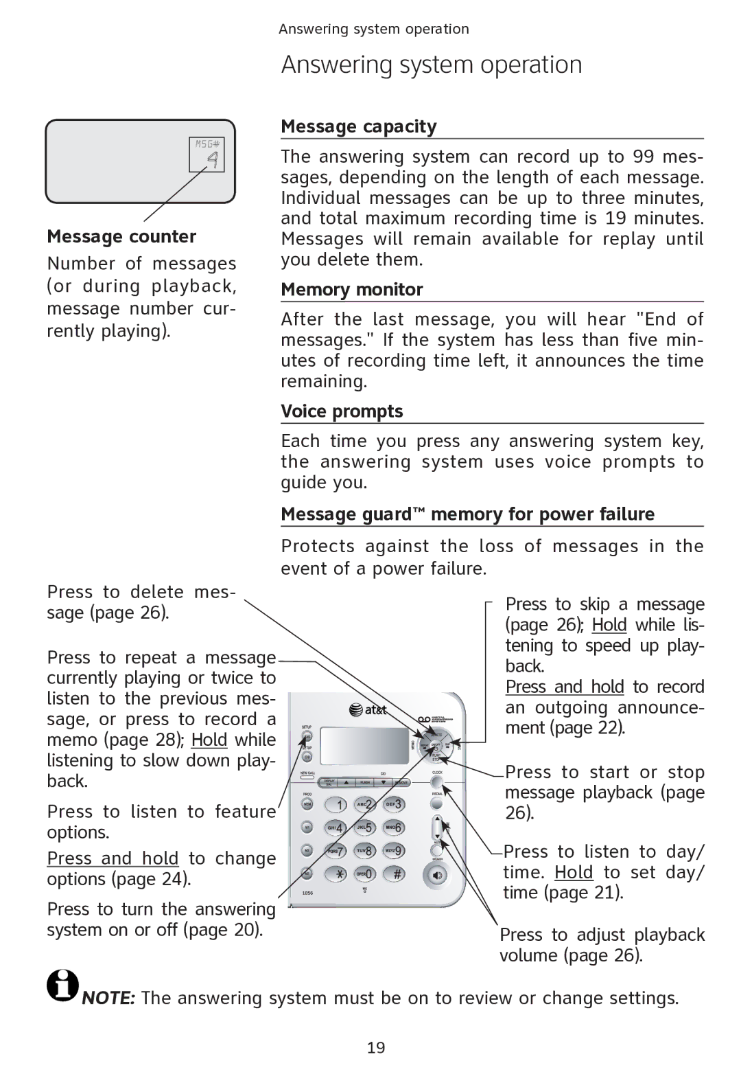 AT&T ATT1856 Message counter, Message capacity, Memory monitor, Voice prompts, Message guard memory for power failure 