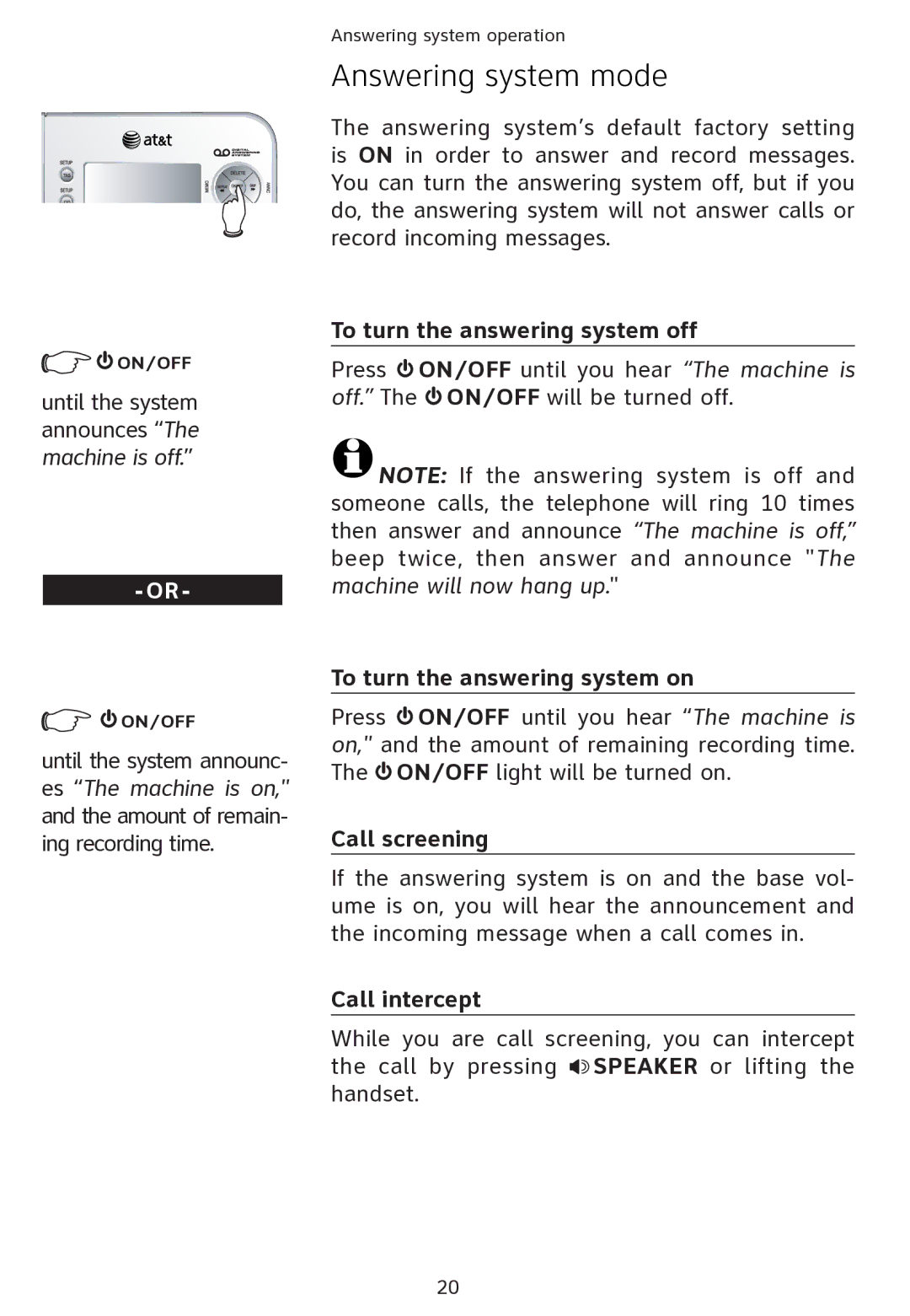 AT&T ATT1856 Answering system mode, To turn the answering system off, To turn the answering system on, Call screening 