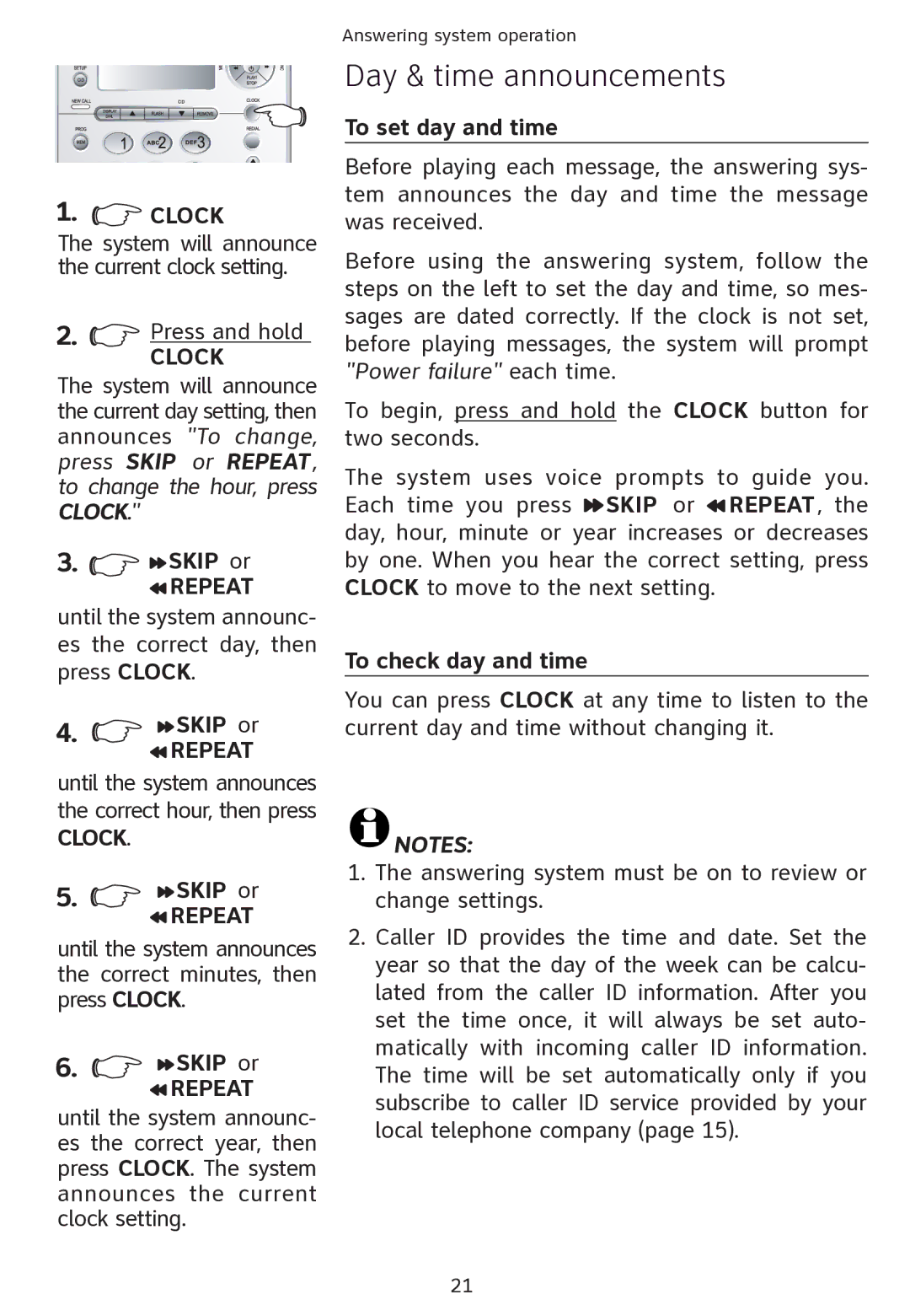 AT&T ATT1856 user manual Day & time announcements, Skip or, To set day and time, To check day and time 