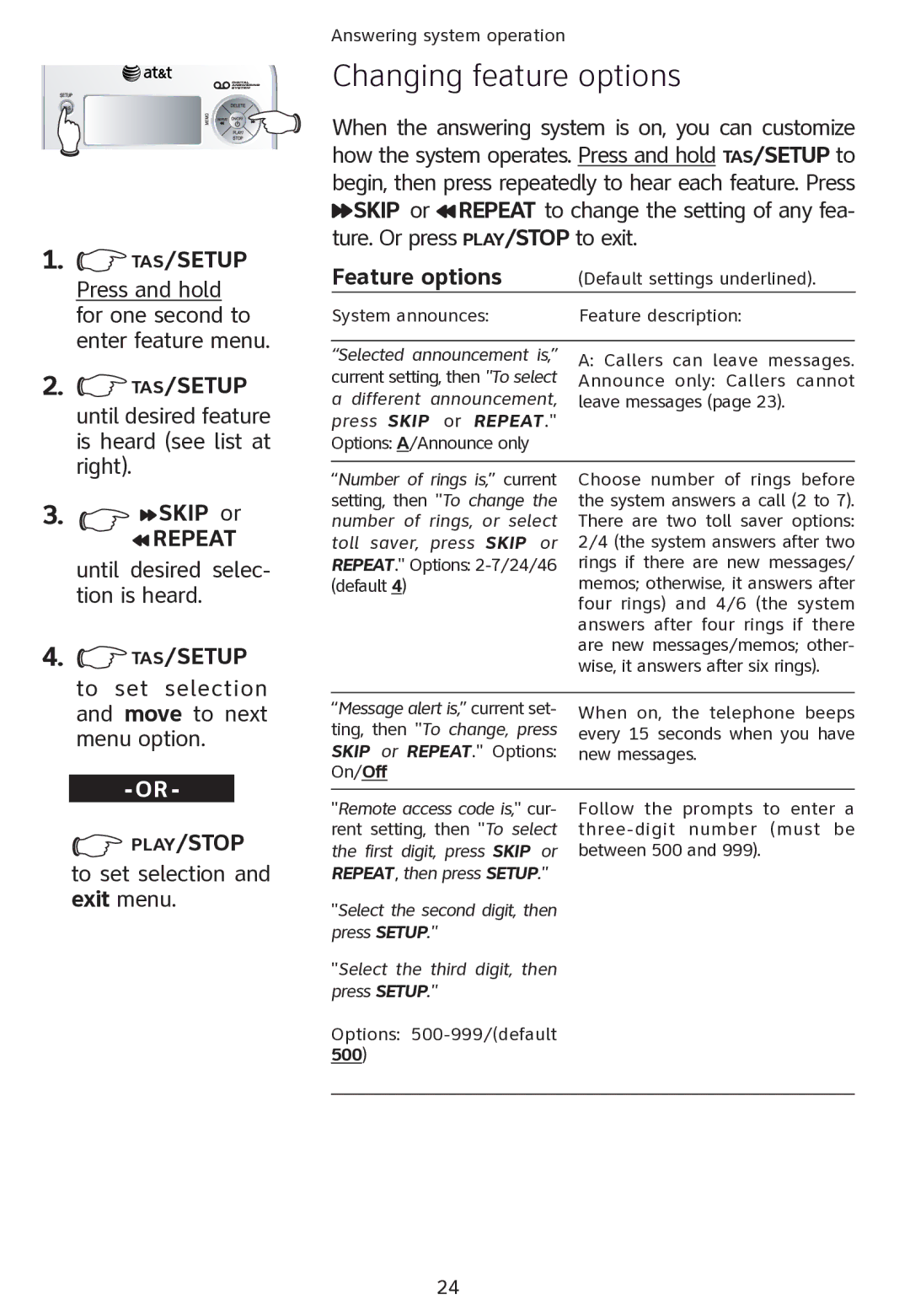 AT&T ATT1856 user manual Changing feature options, Feature options 