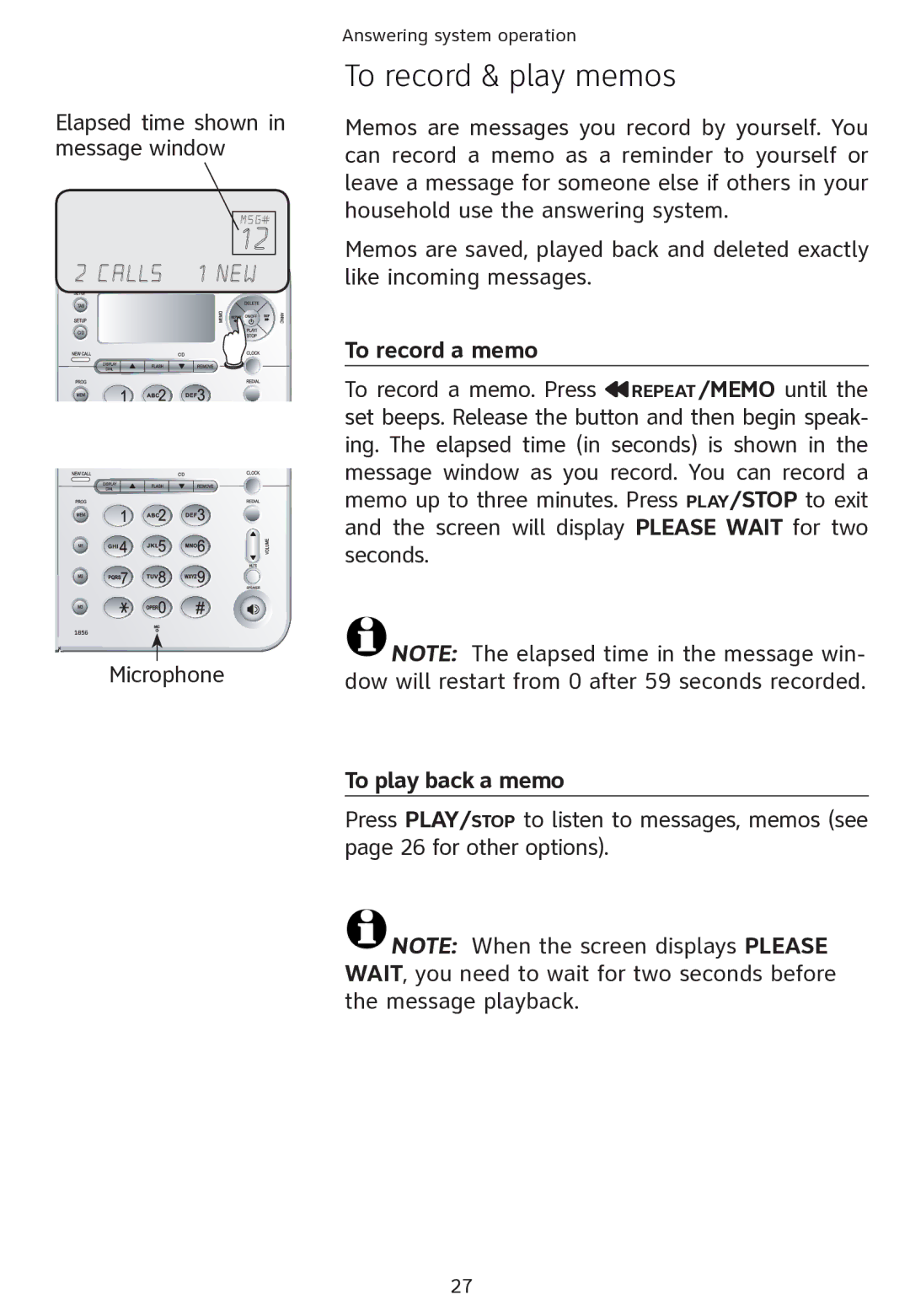 AT&T ATT1856 user manual To record & play memos, To record a memo, To play back a memo 