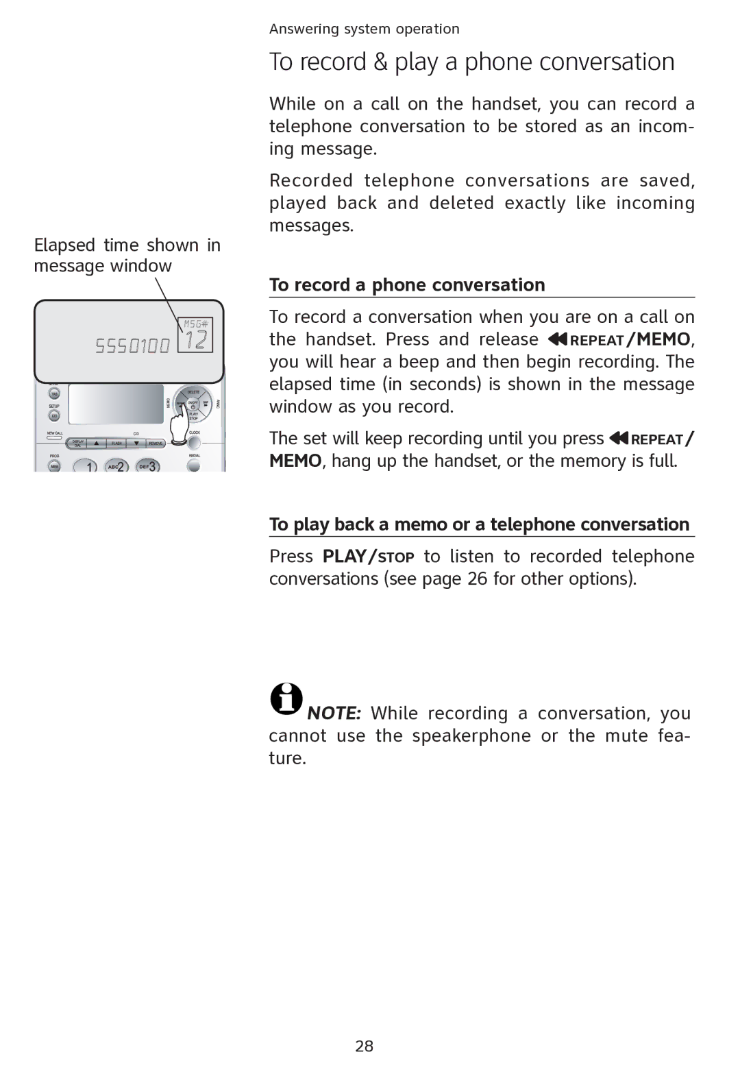 AT&T ATT1856 user manual To record & play a phone conversation, To record a phone conversation 