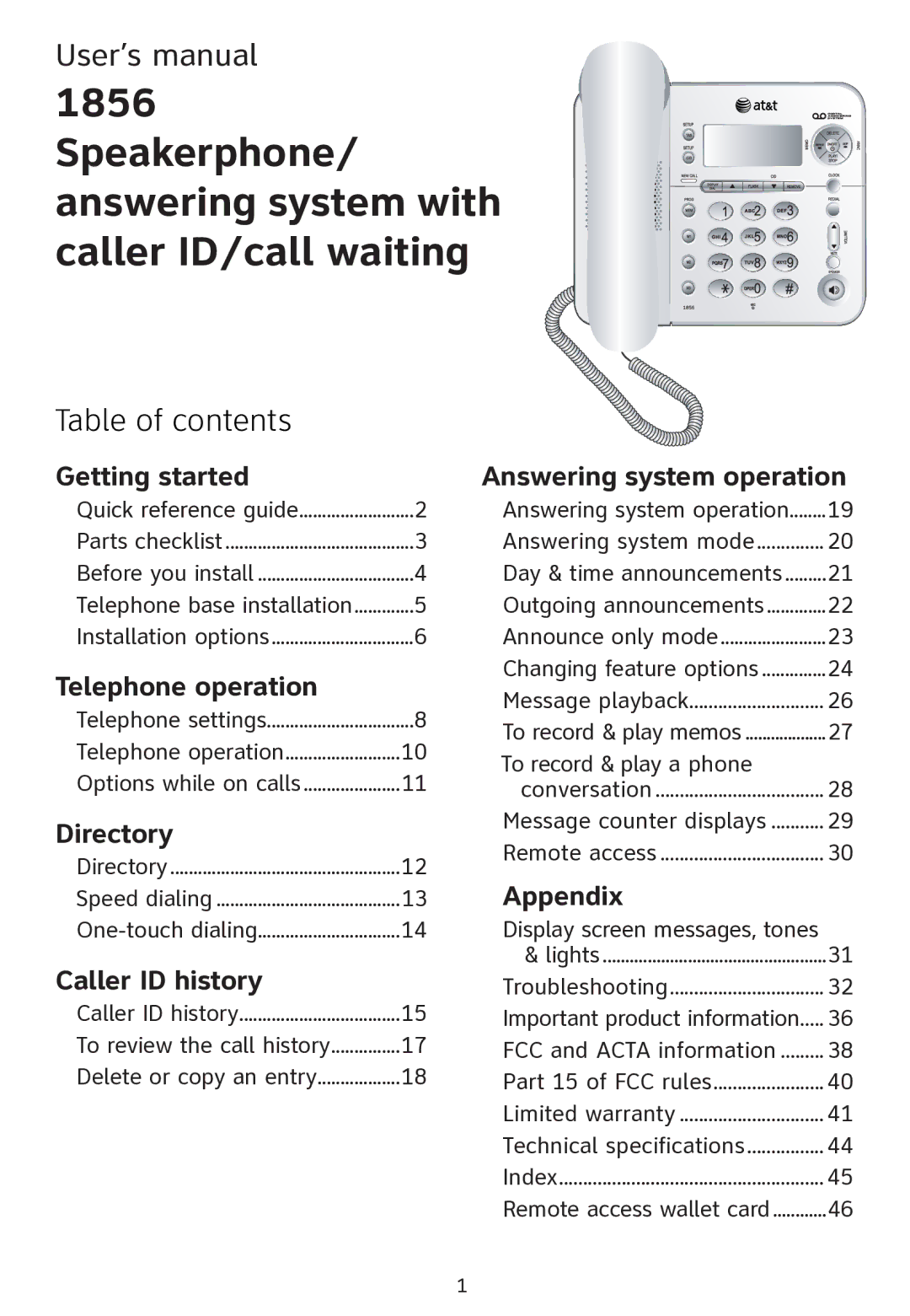 AT&T ATT1856 user manual Table of contents 