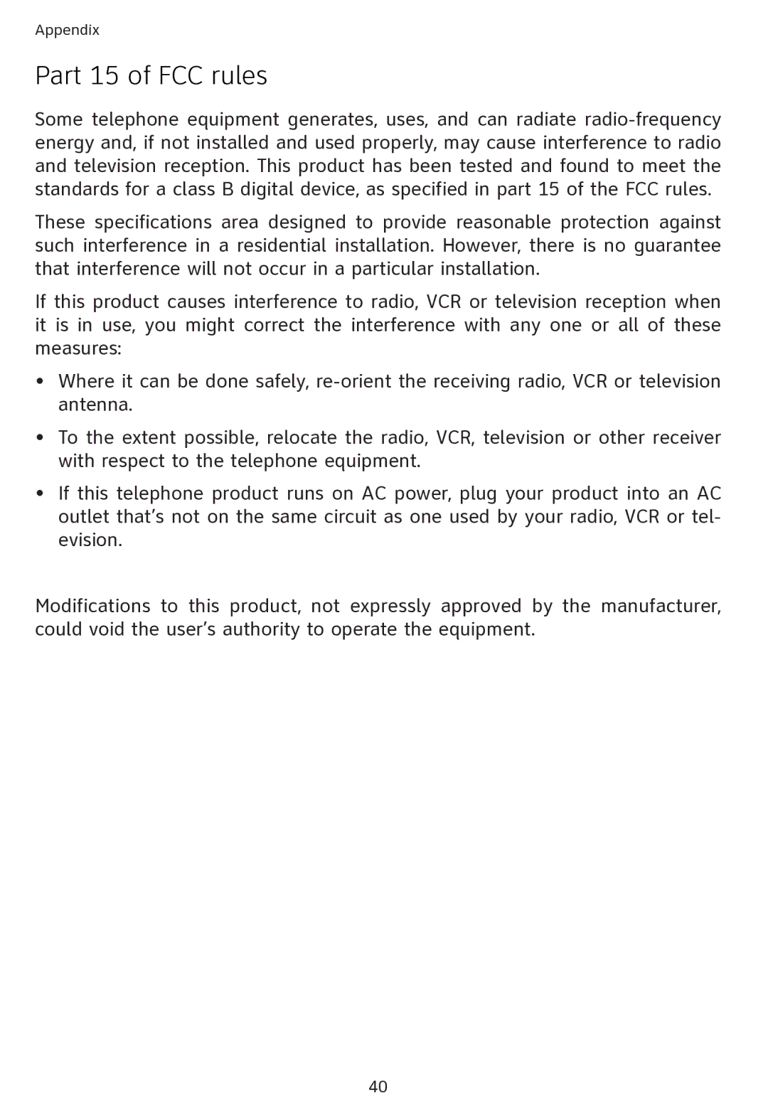 AT&T ATT1856 user manual Part 15 of FCC rules 