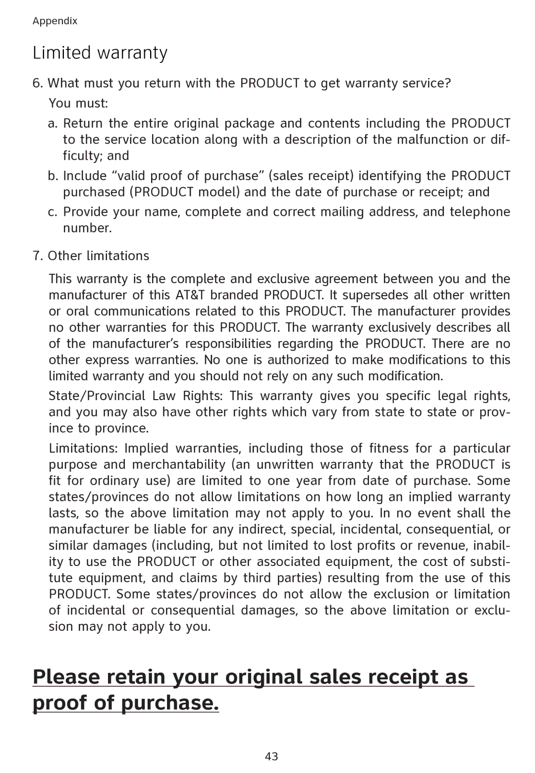 AT&T ATT1856 user manual Limited warranty 