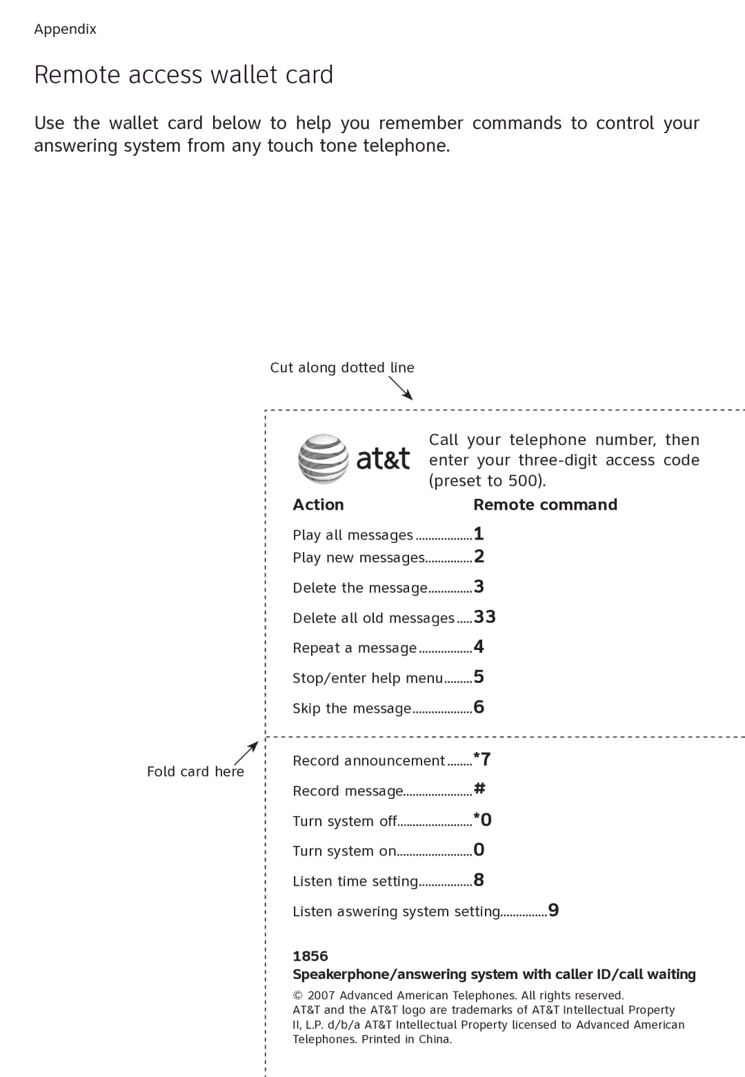 AT&T ATT1856 user manual Remote access wallet card, Preset to Action Remote command 