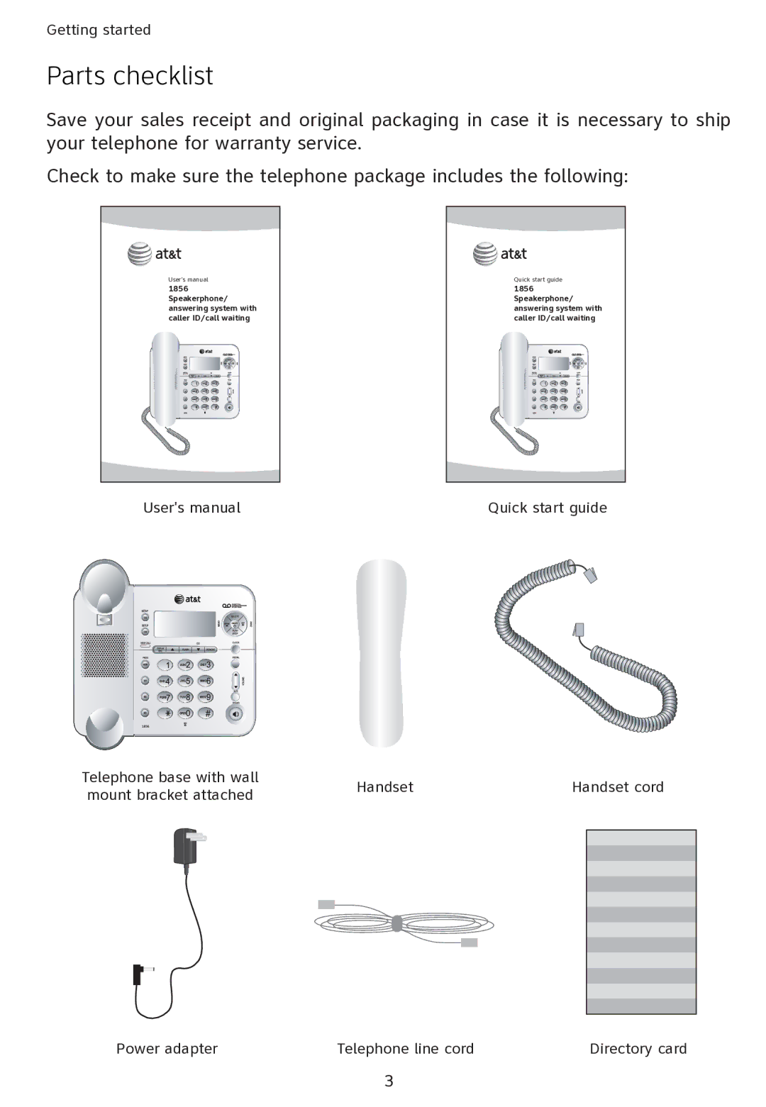 AT&T ATT1856 user manual Parts checklist 