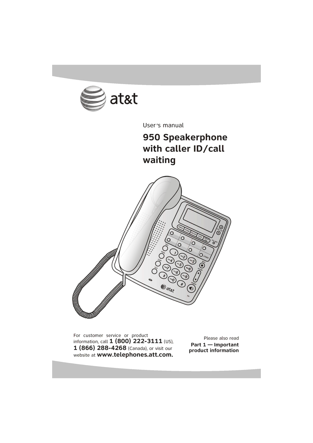 AT&T ATT950 user manual Speakerphone with caller ID/call waiting 