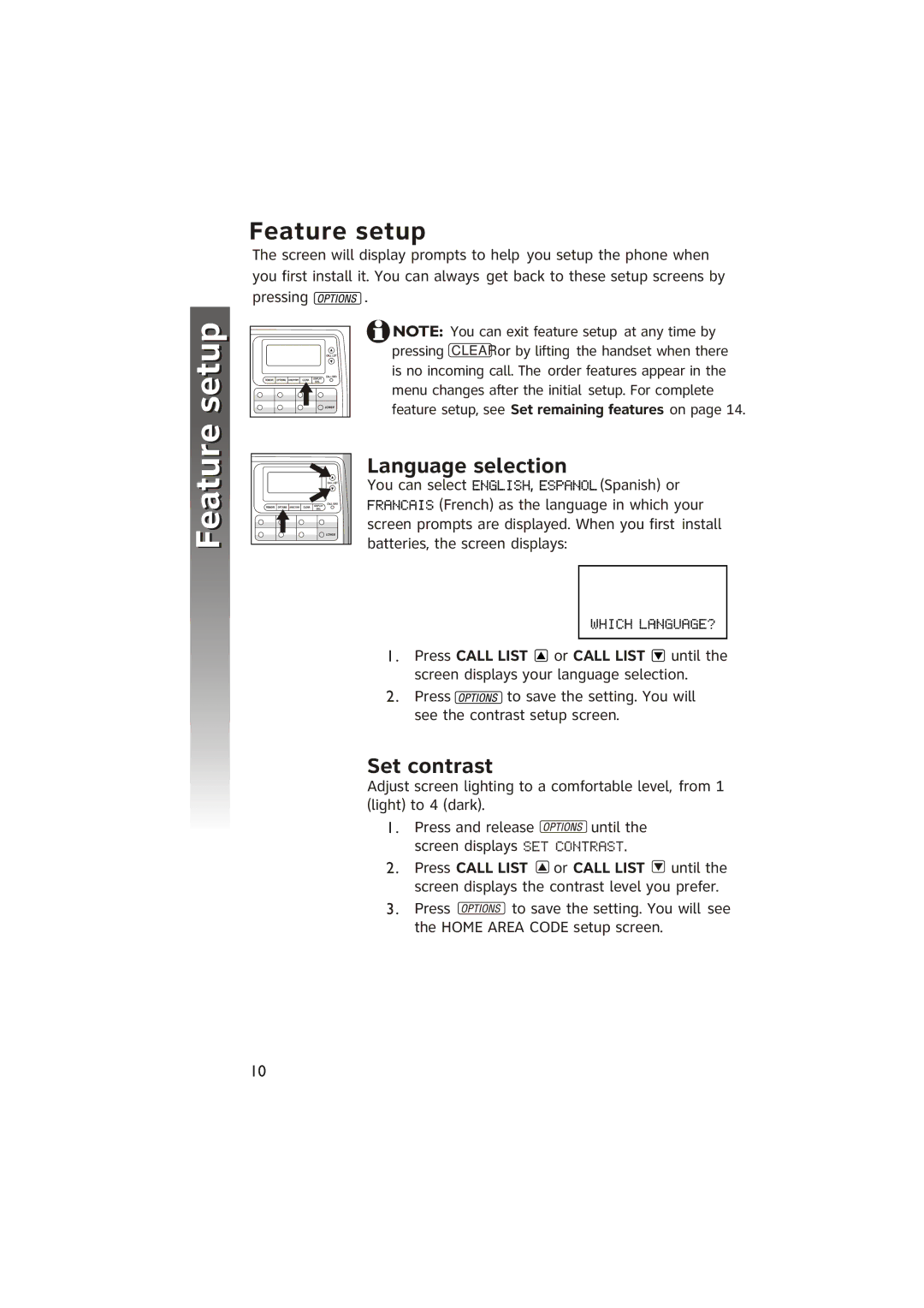 AT&T ATT950 user manual Feature setup, Language selection, Set contrast 