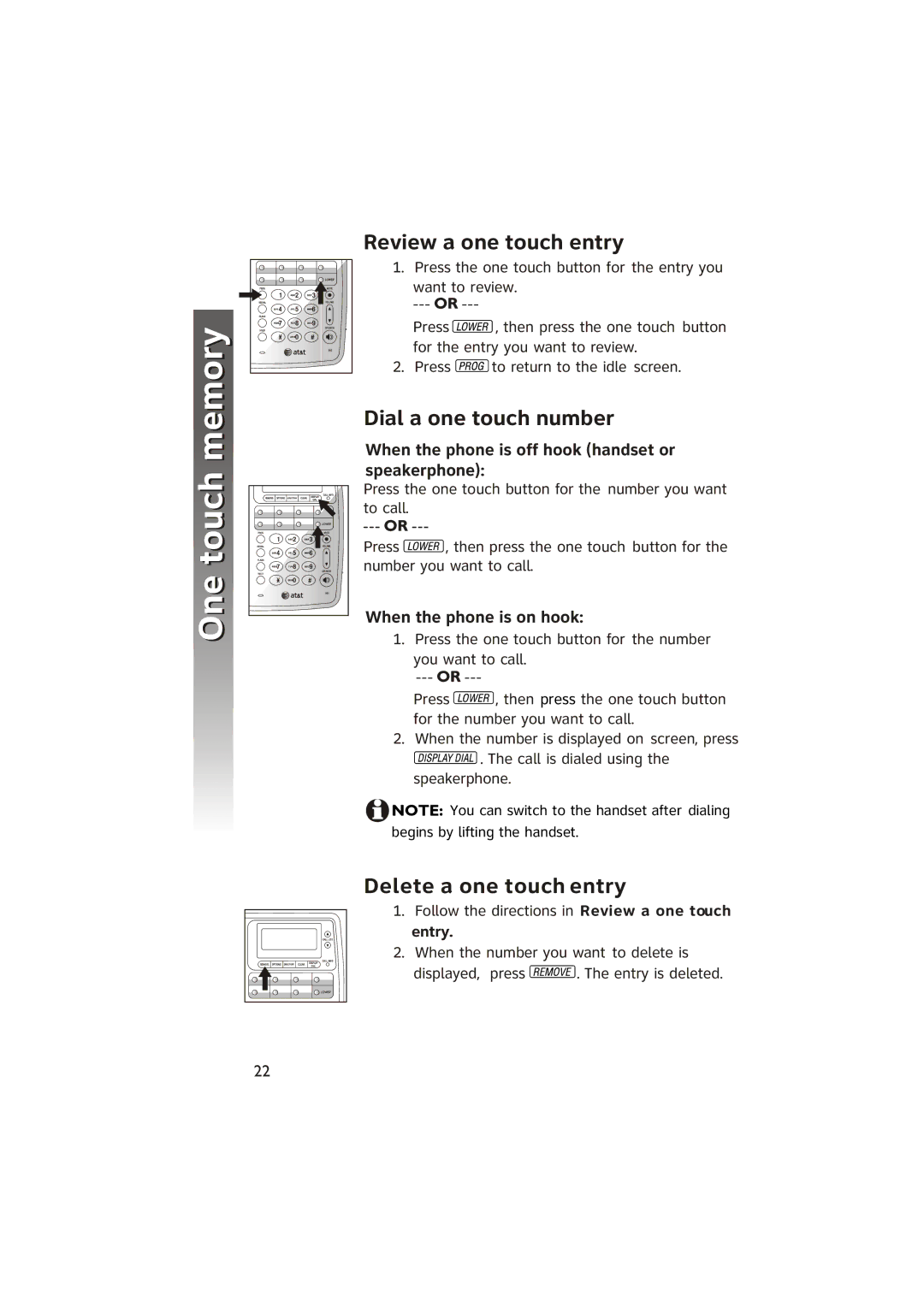 AT&T ATT950 user manual Review a one touch entry, Dial a one touch number, Delete a one touch entry 