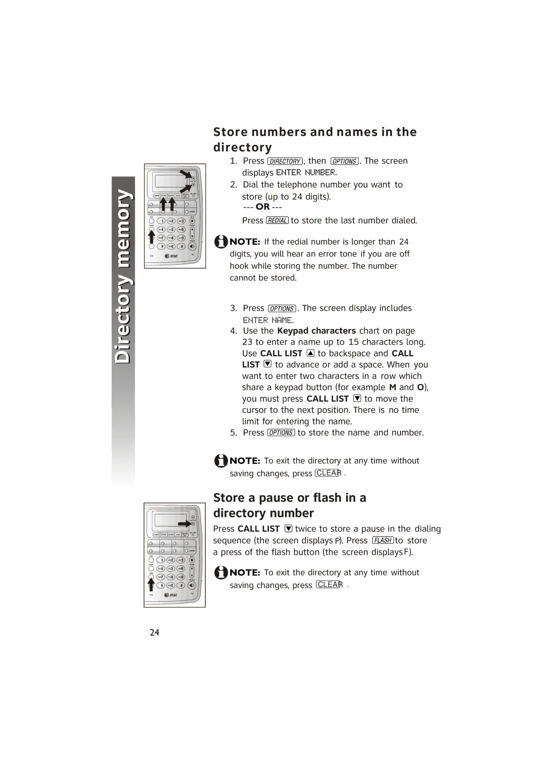 AT&T ATT950 user manual Store numbers and names in the directory, Store a pause or flash in a directory number 