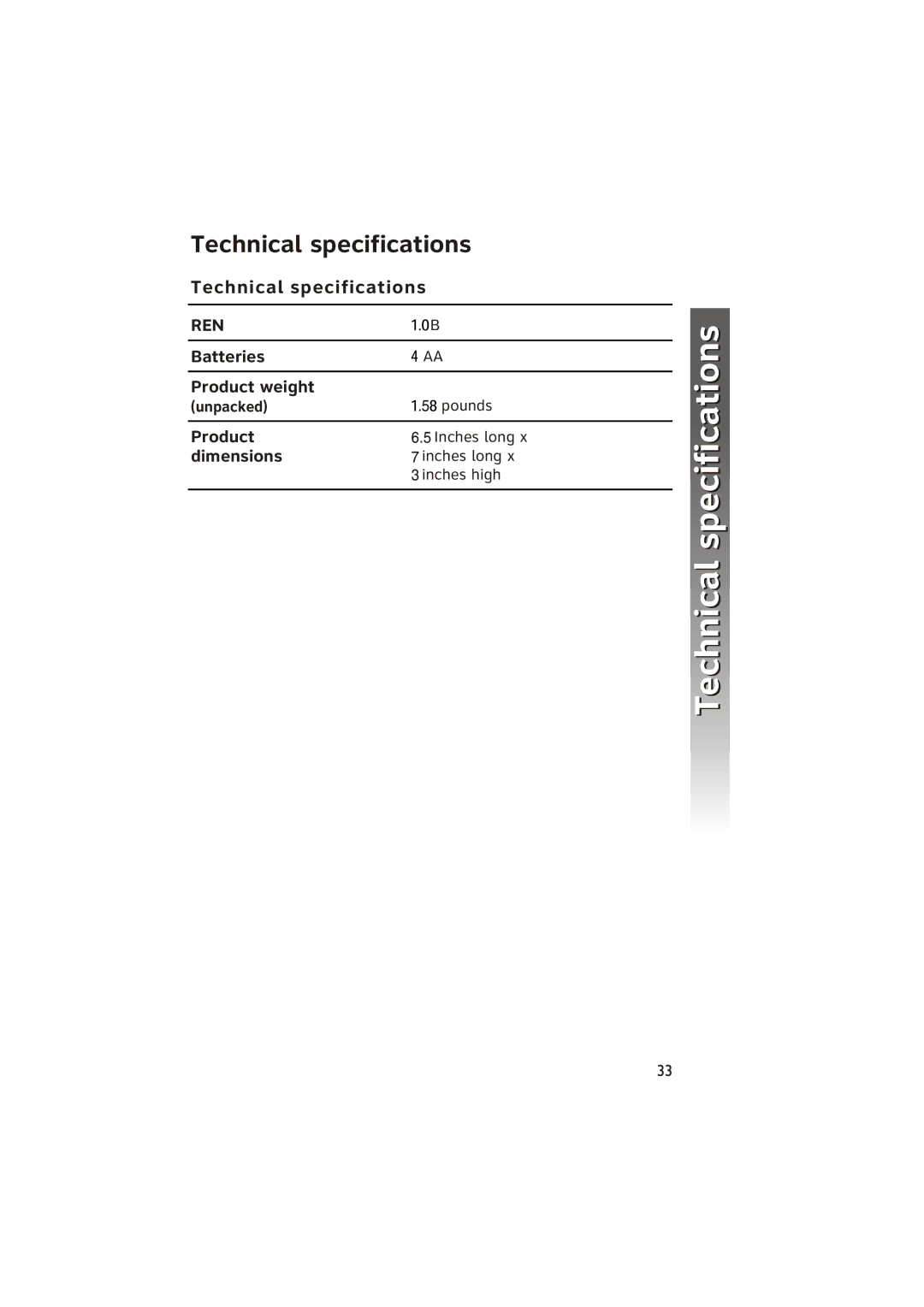 AT&T ATT950 user manual Technical specifications 