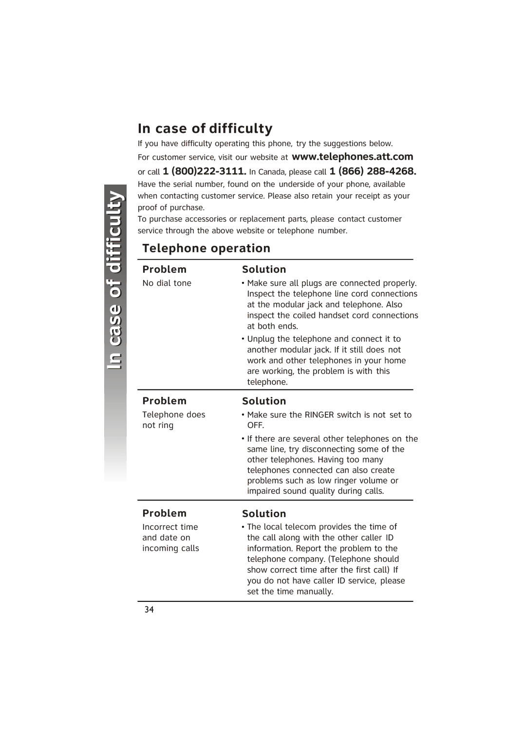 AT&T ATT950 Case of difficulty, Telephone operation, Or call 1 800222-3111. In Canada, please call 1 866, Problem Solution 
