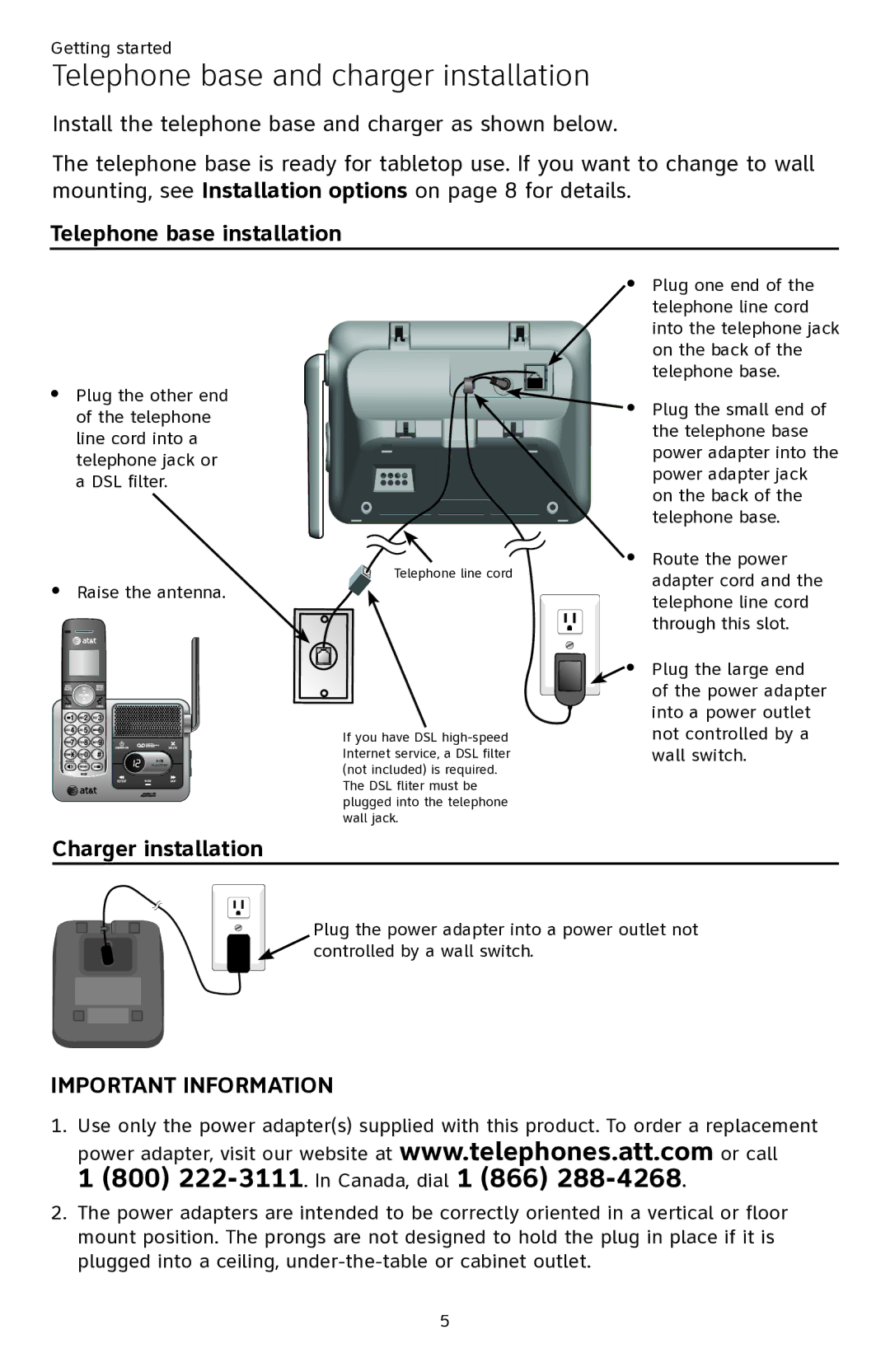 AT&T ATTCL82201, ATTCL82401 Telephone base and charger installation, Telephone base installation, Charger installation 