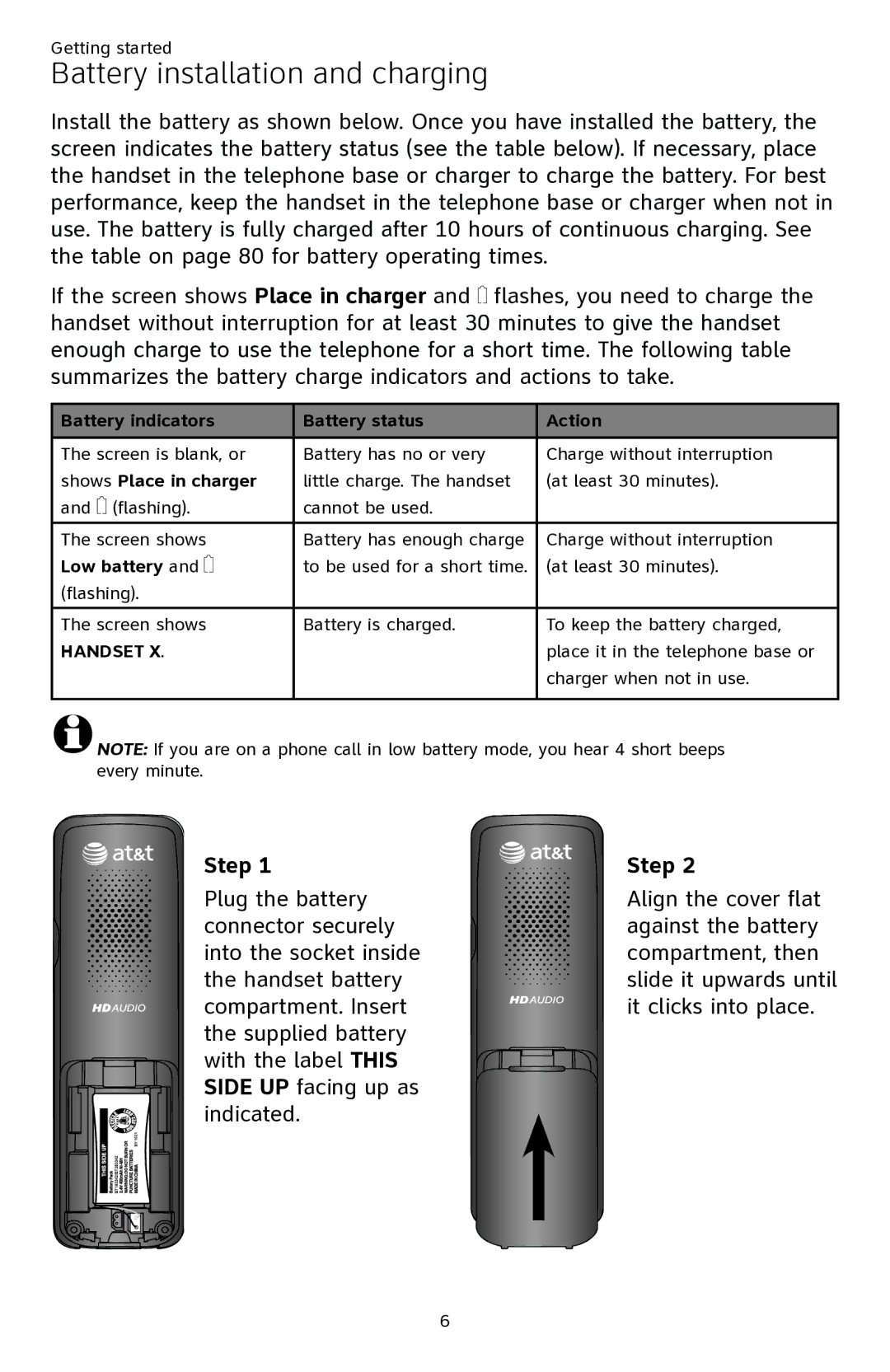 AT&T ATTCL82401, ATTCL82301, ATTCL82201 user manual Battery installation and charging, Step 