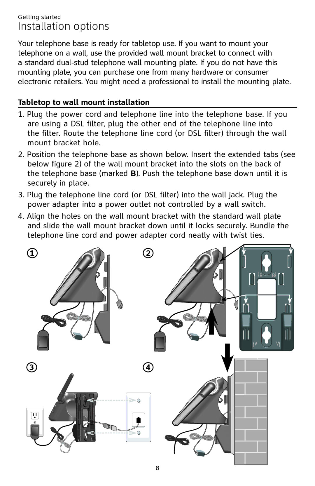 AT&T ATTCL82201, ATTCL82401, ATTCL82301 user manual Installation options, Tabletop to wall mount installation 