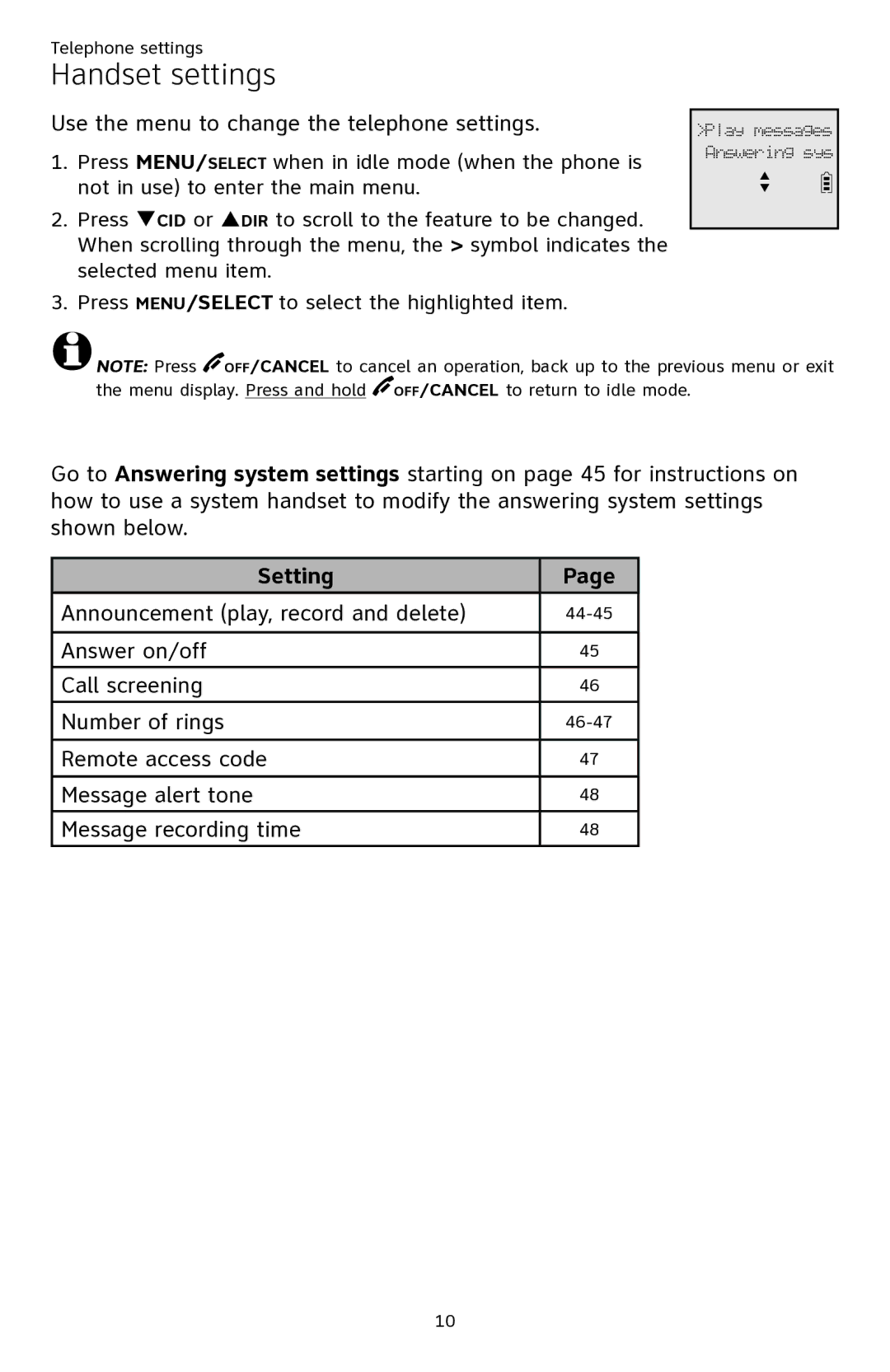 AT&T ATTCL82301, ATTCL82401, ATTCL82201 user manual Handset settings, Setting 