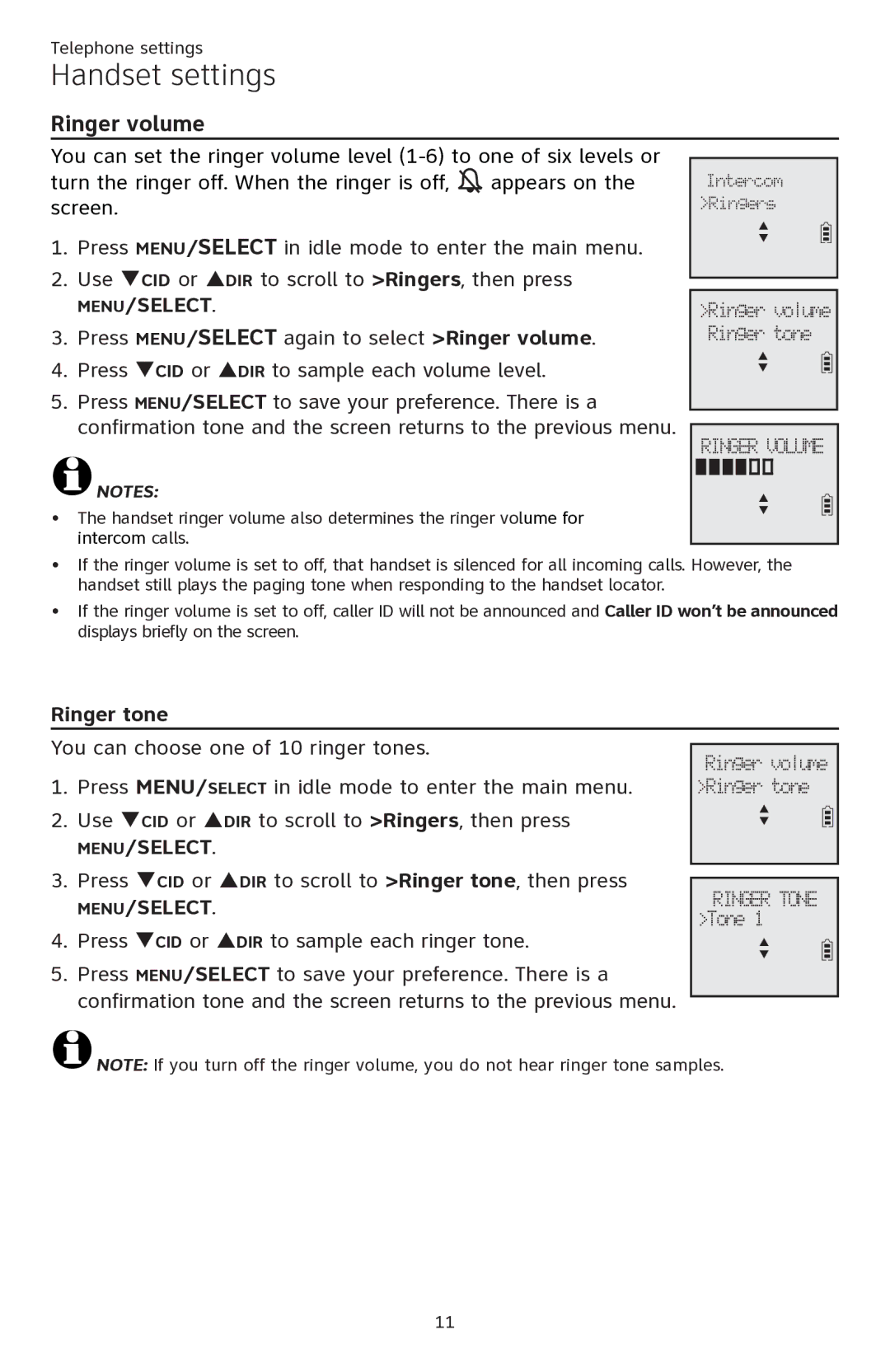 AT&T ATTCL82201, ATTCL82401, ATTCL82301 user manual Ringer volume, Ringer tone 