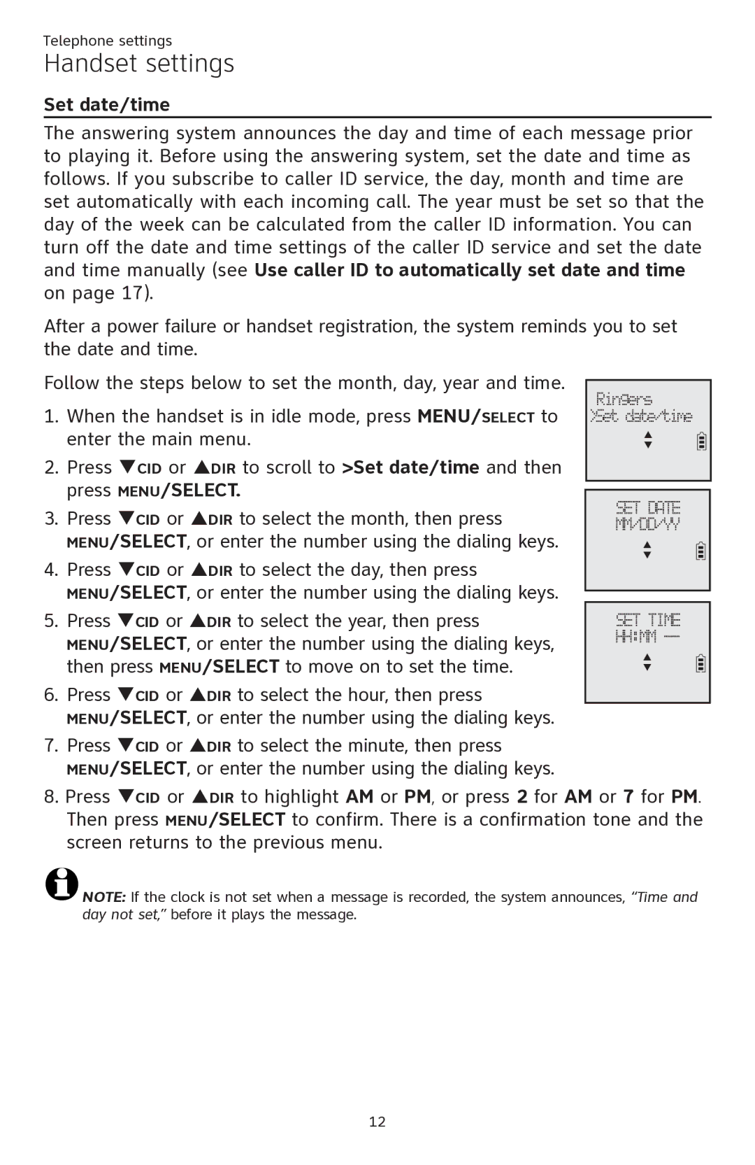 AT&T ATTCL82401, ATTCL82301, ATTCL82201 user manual Set date/time 