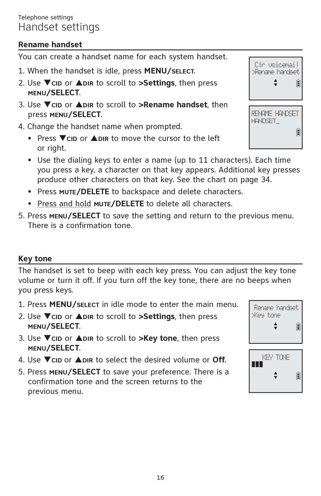 AT&T ATTCL82301, ATTCL82401, ATTCL82201 user manual Rename handset, Key tone 