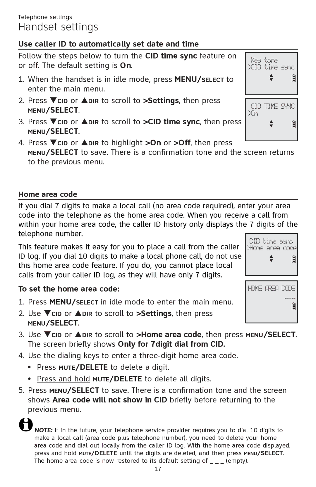 AT&T ATTCL82201, ATTCL82401 Use caller ID to automatically set date and time, Home area code, To set the home area code 