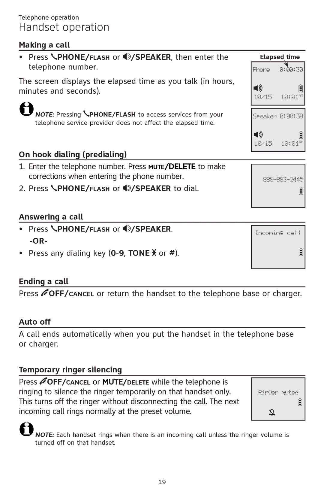 AT&T ATTCL82301, ATTCL82401, ATTCL82201 user manual Handset operation 