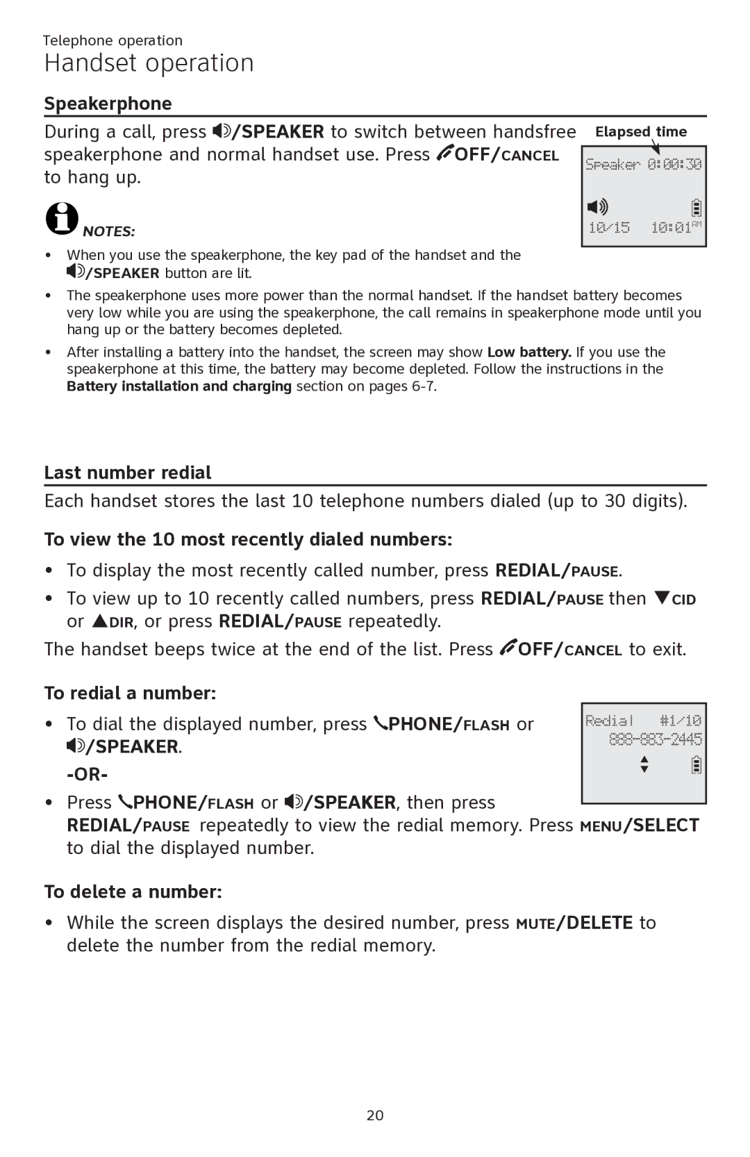 AT&T ATTCL82201 Speakerphone, Last number redial, To view the 10 most recently dialed numbers, To delete a number 