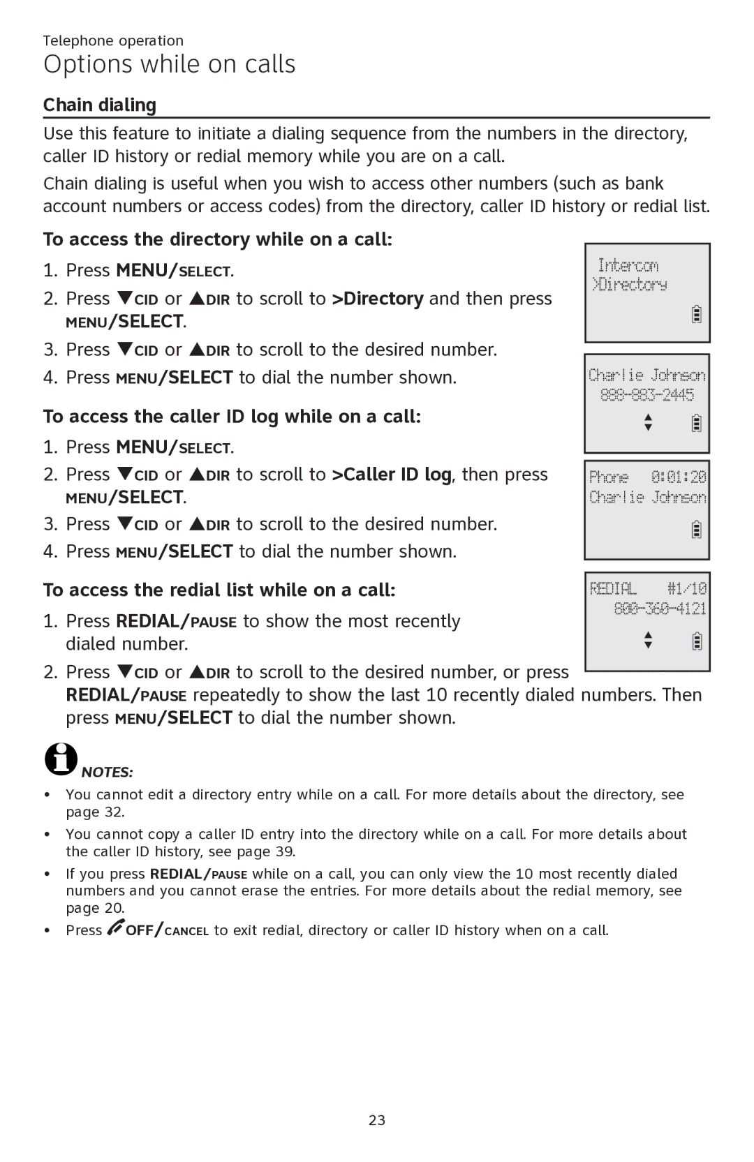 AT&T ATTCL82201 Chain dialing, To access the directory while on a call, To access the caller ID log while on a call 