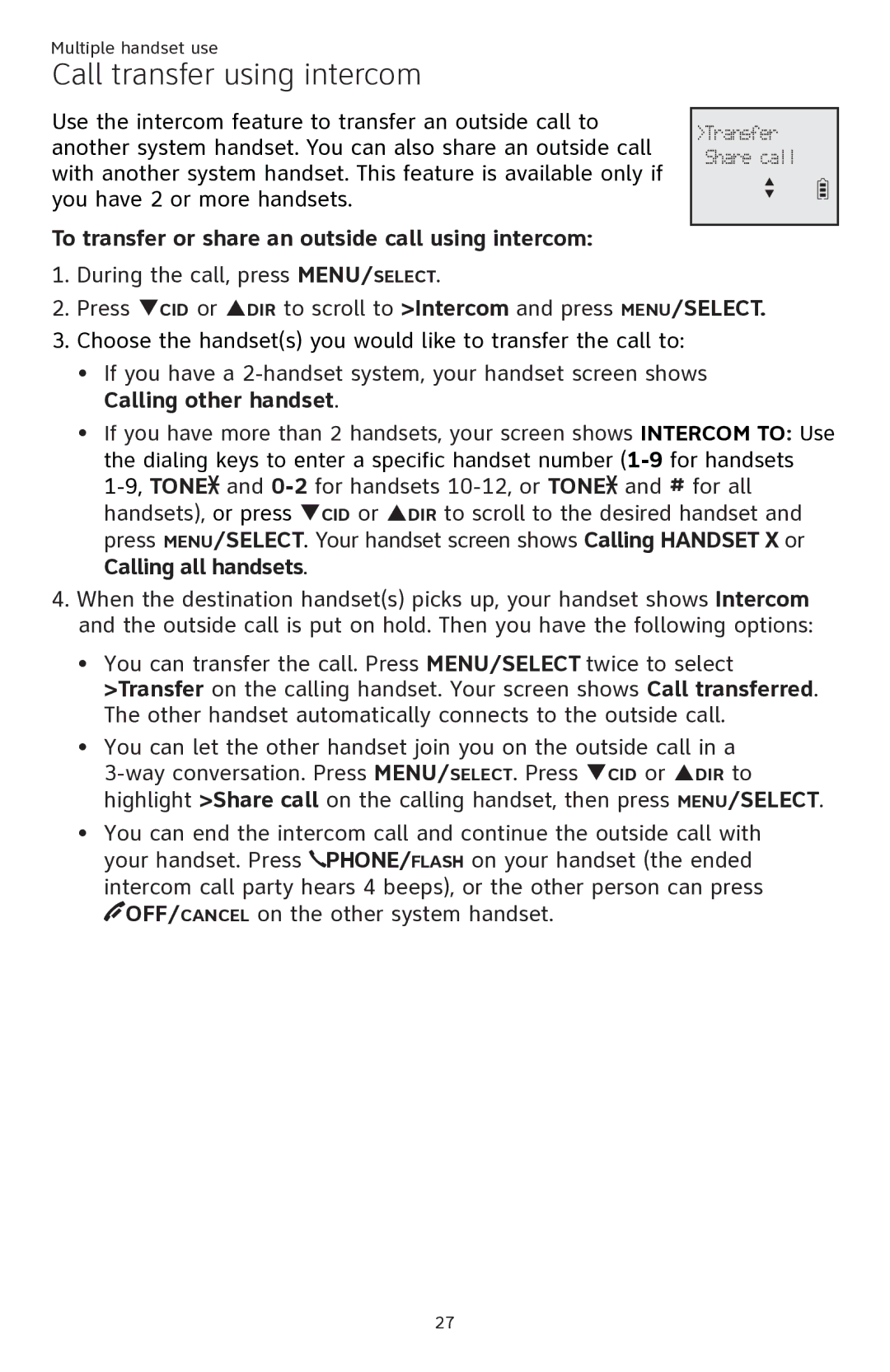 AT&T ATTCL82401, ATTCL82301, ATTCL82201 Call transfer using intercom, To transfer or share an outside call using intercom 