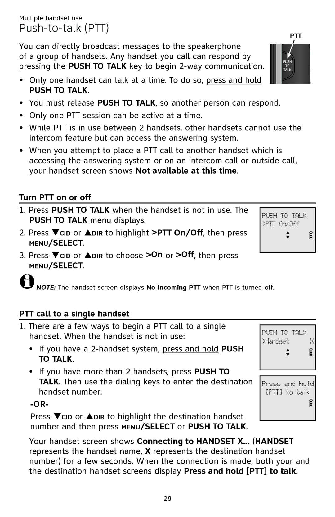 AT&T ATTCL82301, ATTCL82401, ATTCL82201 user manual Push-to-talk PTT, Turn PTT on or off, PTT call to a single handset 