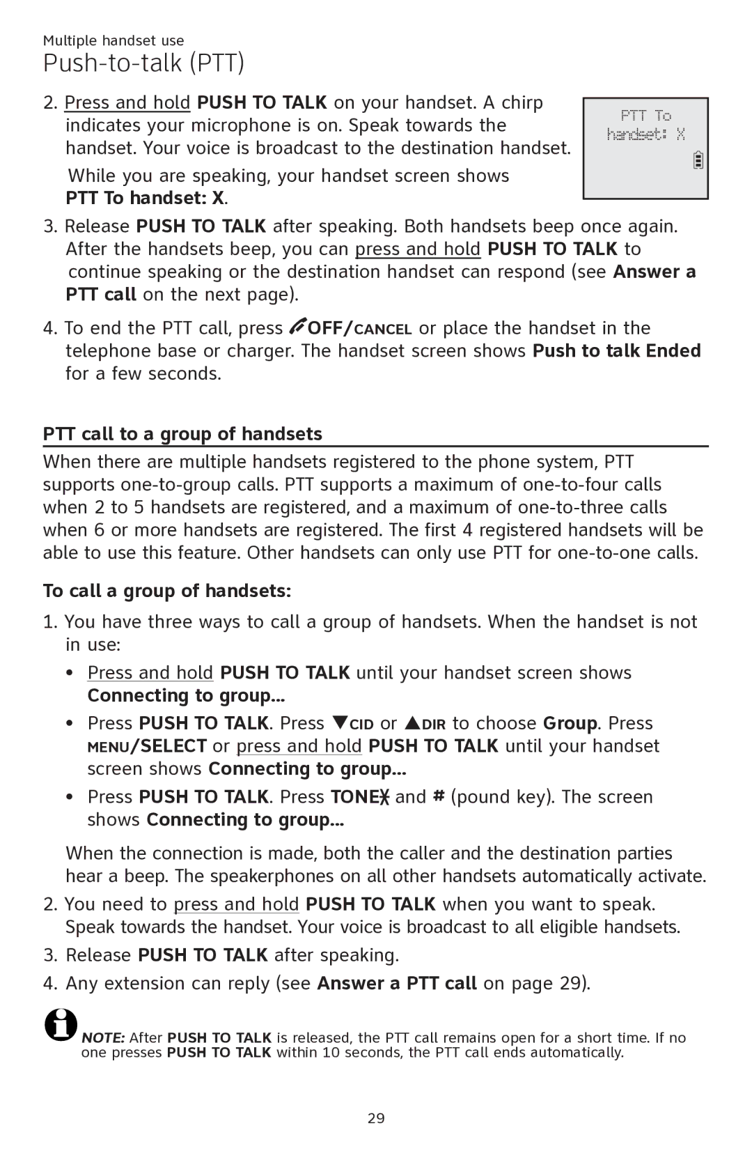 AT&T ATTCL82201, ATTCL82401, ATTCL82301 PTT call to a group of handsets, To call a group of handsets, Connecting to group 