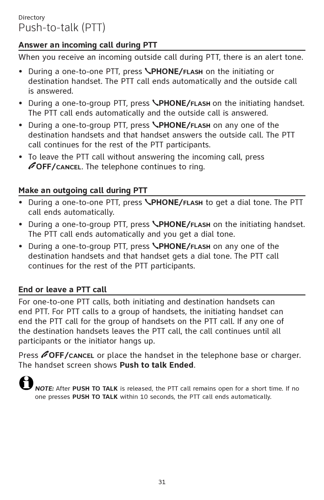 AT&T ATTCL82301, ATTCL82401 Answer an incoming call during PTT, Make an outgoing call during PTT, End or leave a PTT call 